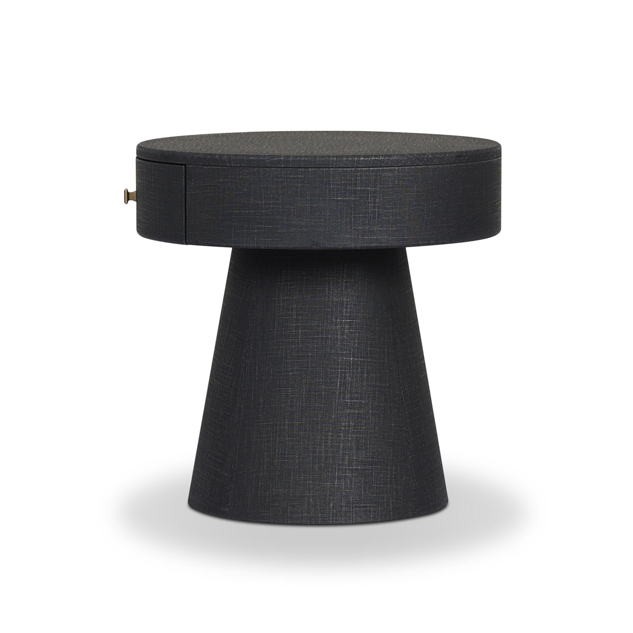 Black round side table on a white background