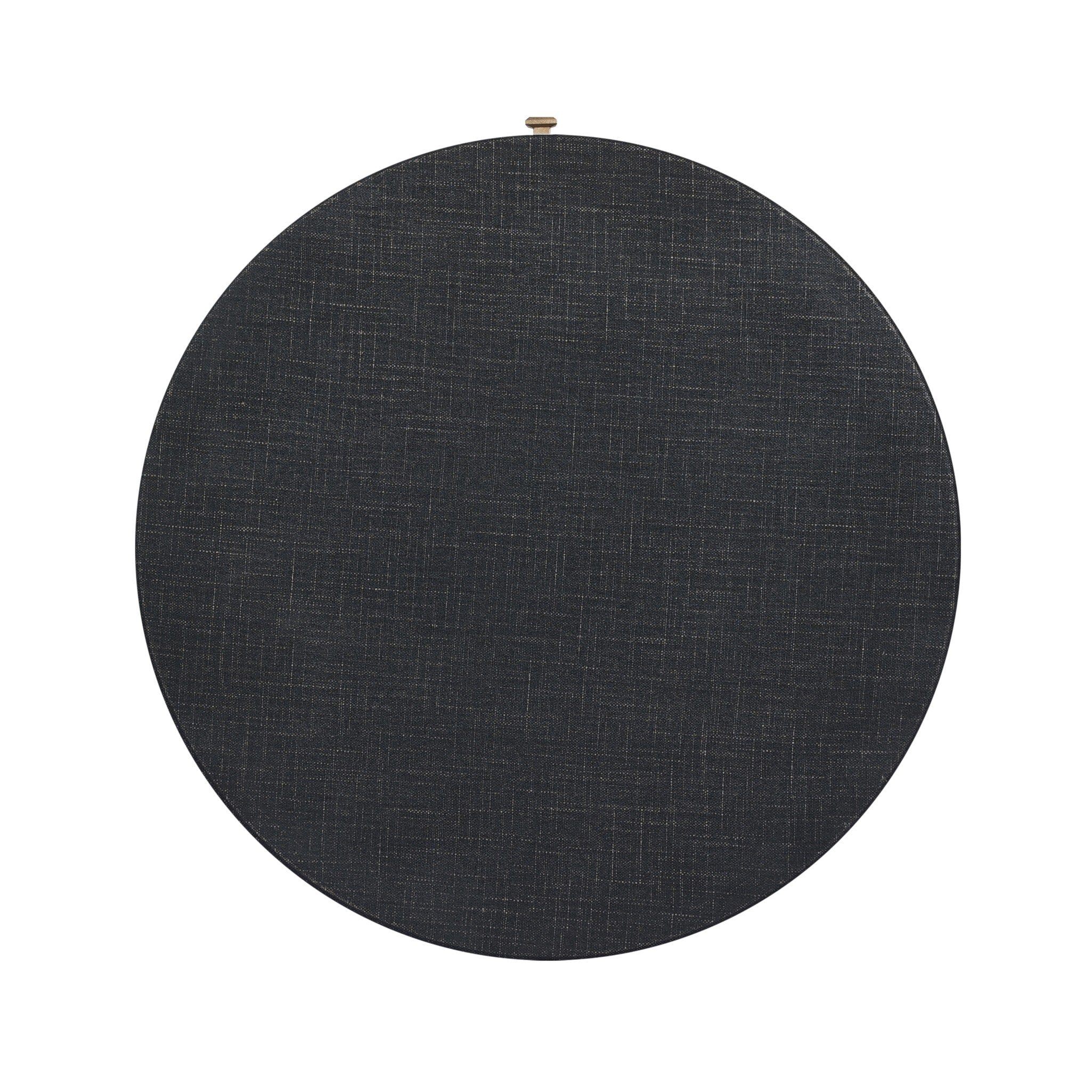 Round black linen fabric covered nightstand top on a white background