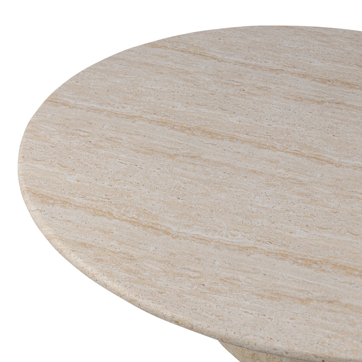 Close-up of a round stone table top with beige and brown coloration on a white background