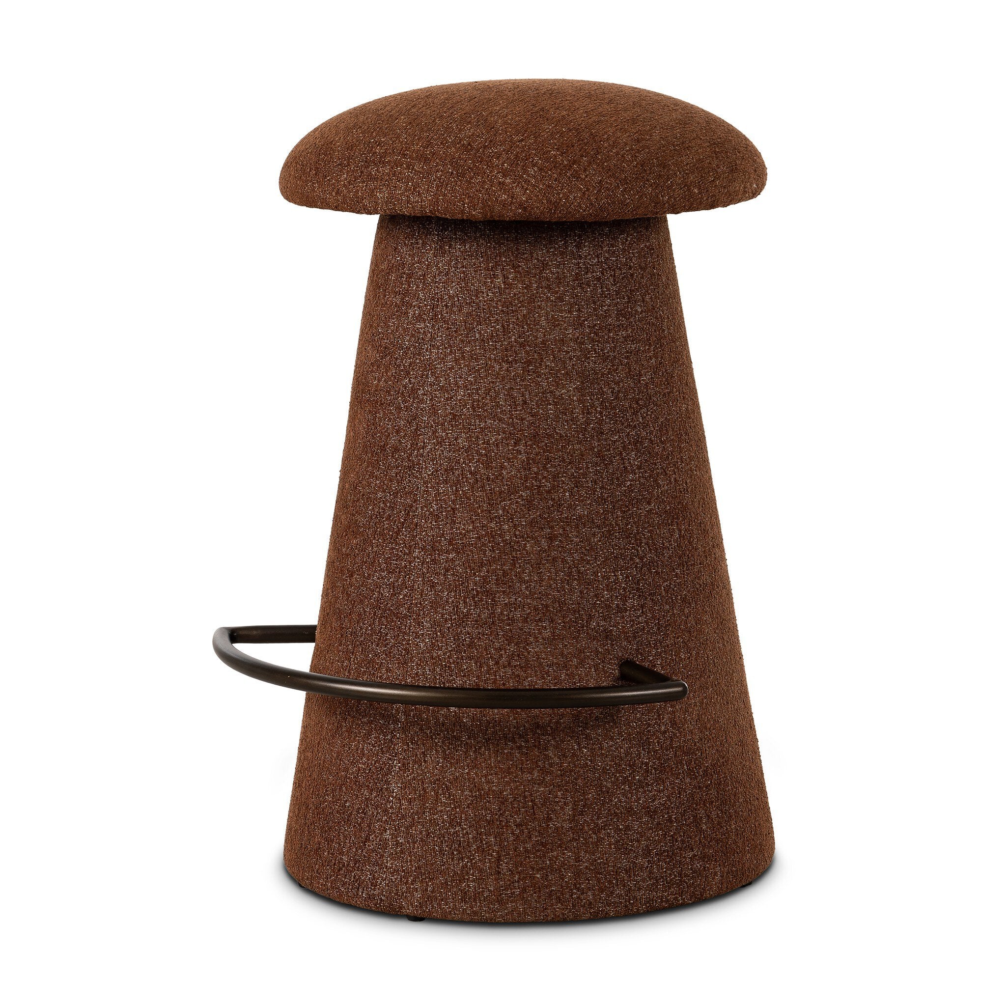 Brown textured stool with a bronze metal footrest on a white background