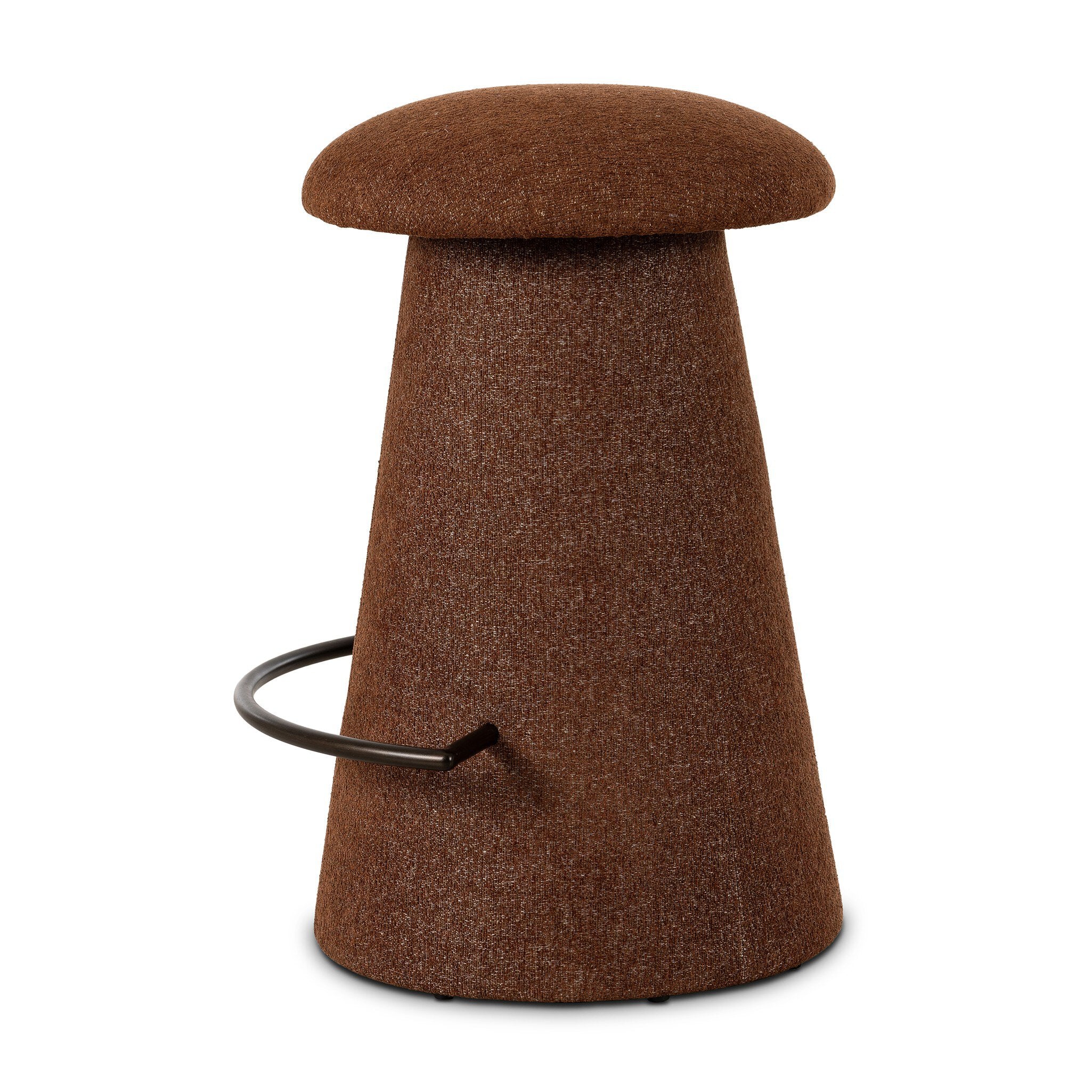 Brown textured stool with a round seat and cylindrical body on a white background