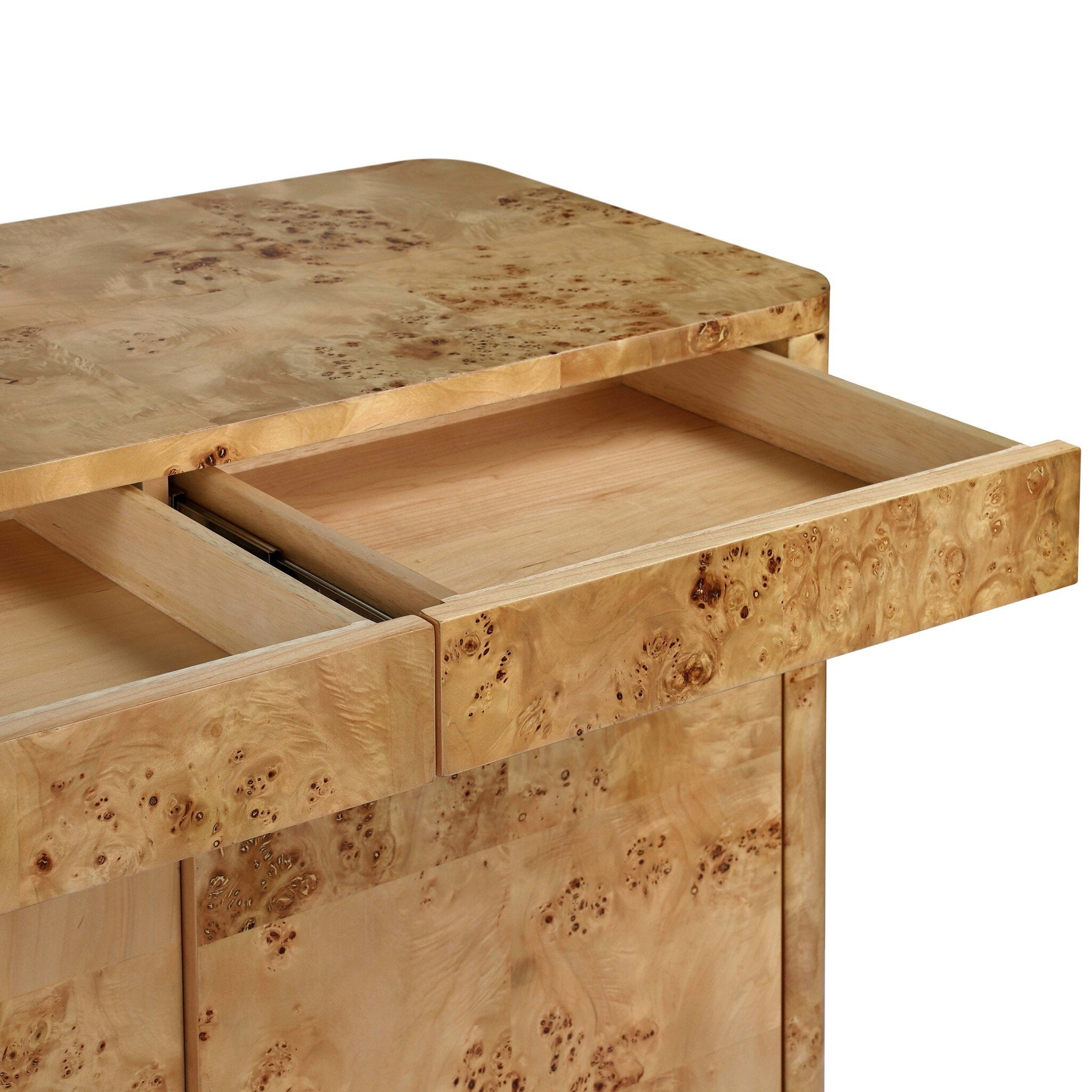 Wooden sideboard with an open drawer on a white background