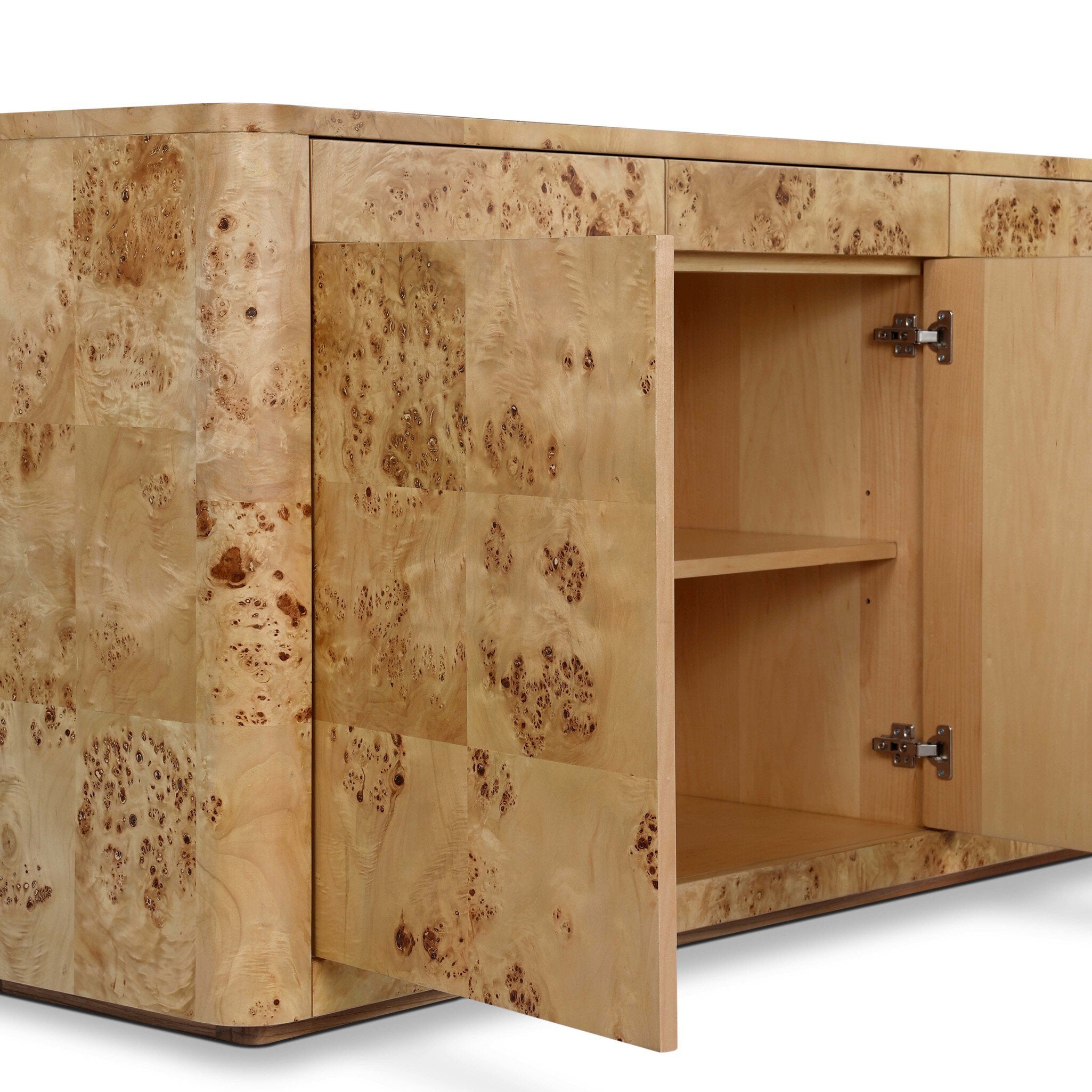 Wooden cabinet with a burl pattern on a white background