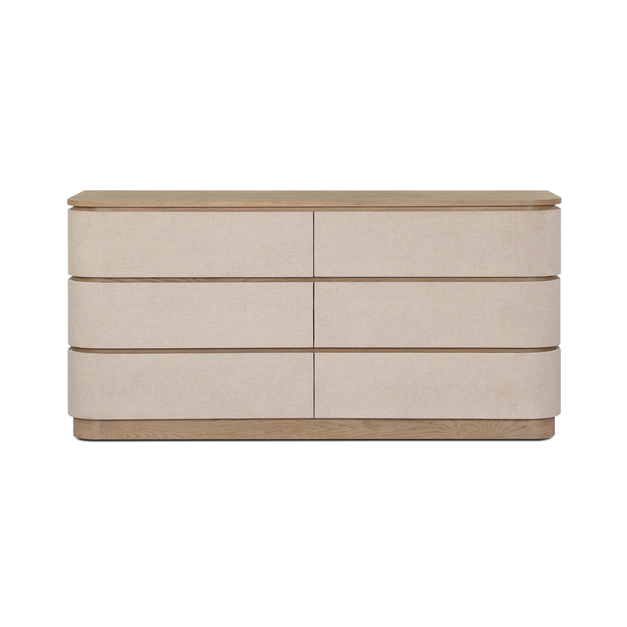Beige dresser with wooden accents on a white background