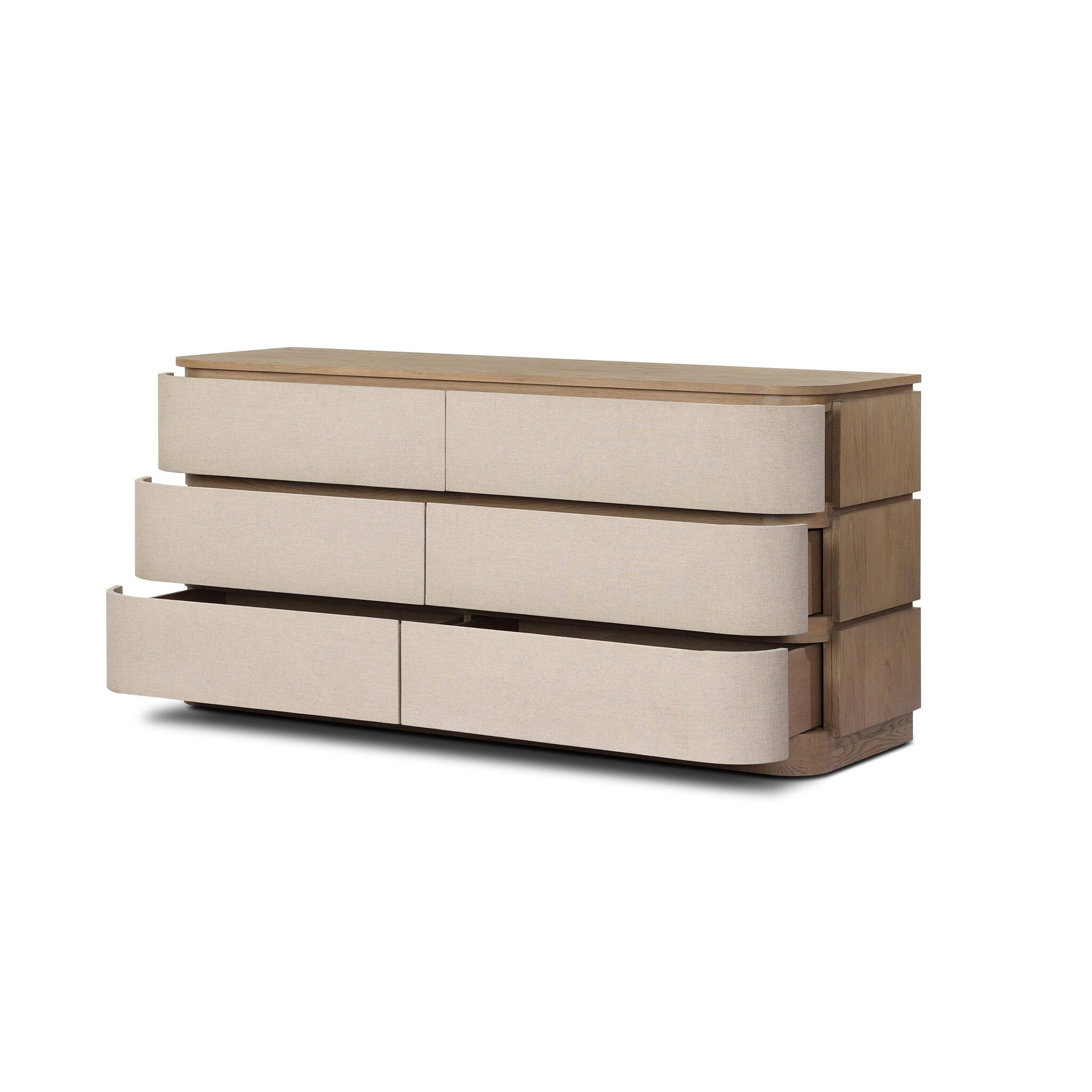 Wooden dresser with beige drawers on a white background