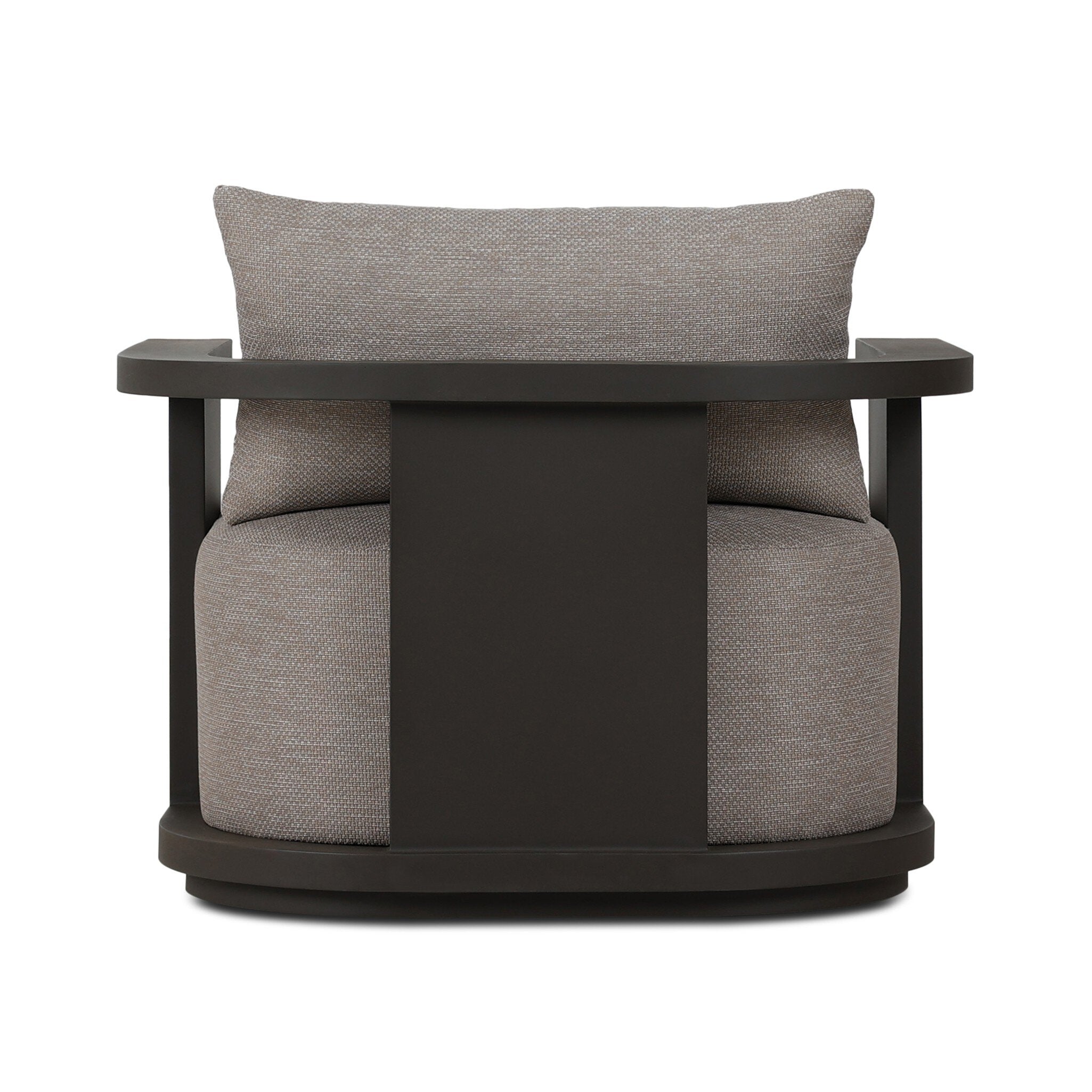 Chair with gray cushions and a dark wooden frame on a white background