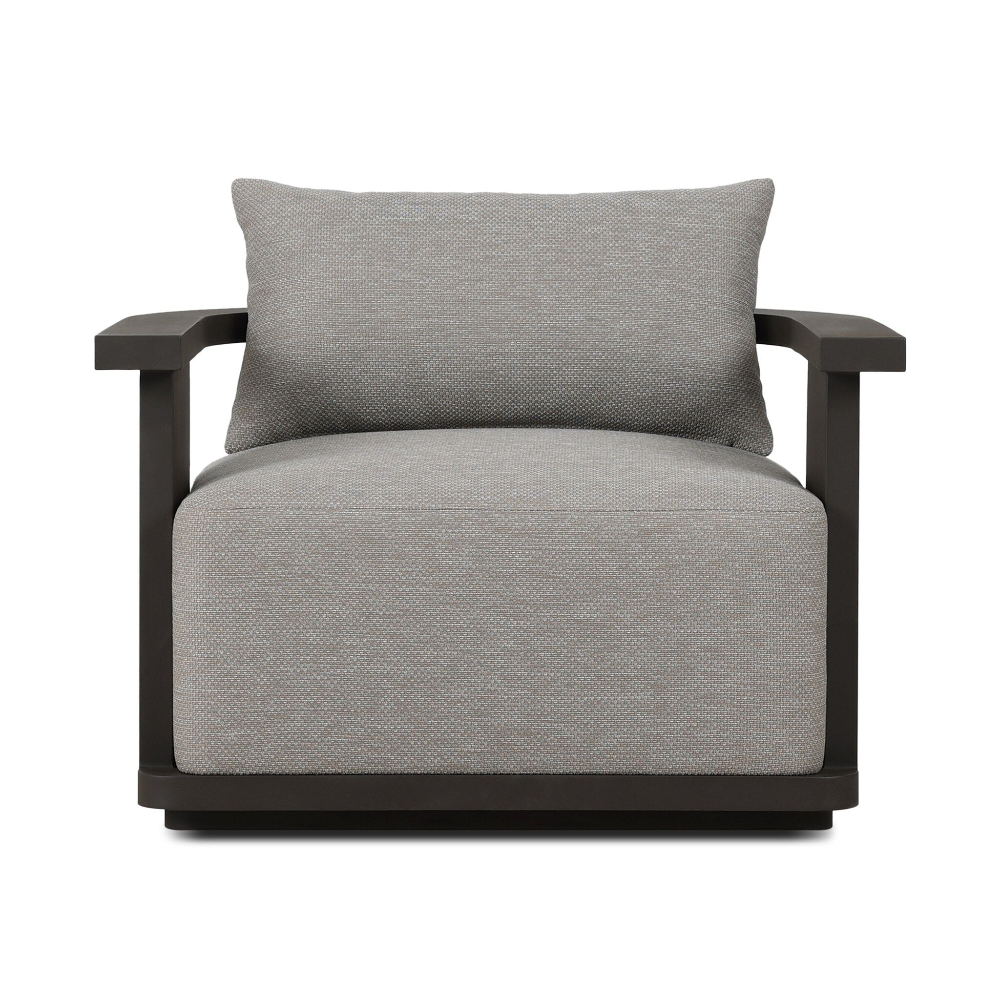 Gray outdoor swivel armchair with a metal frame on a white background
