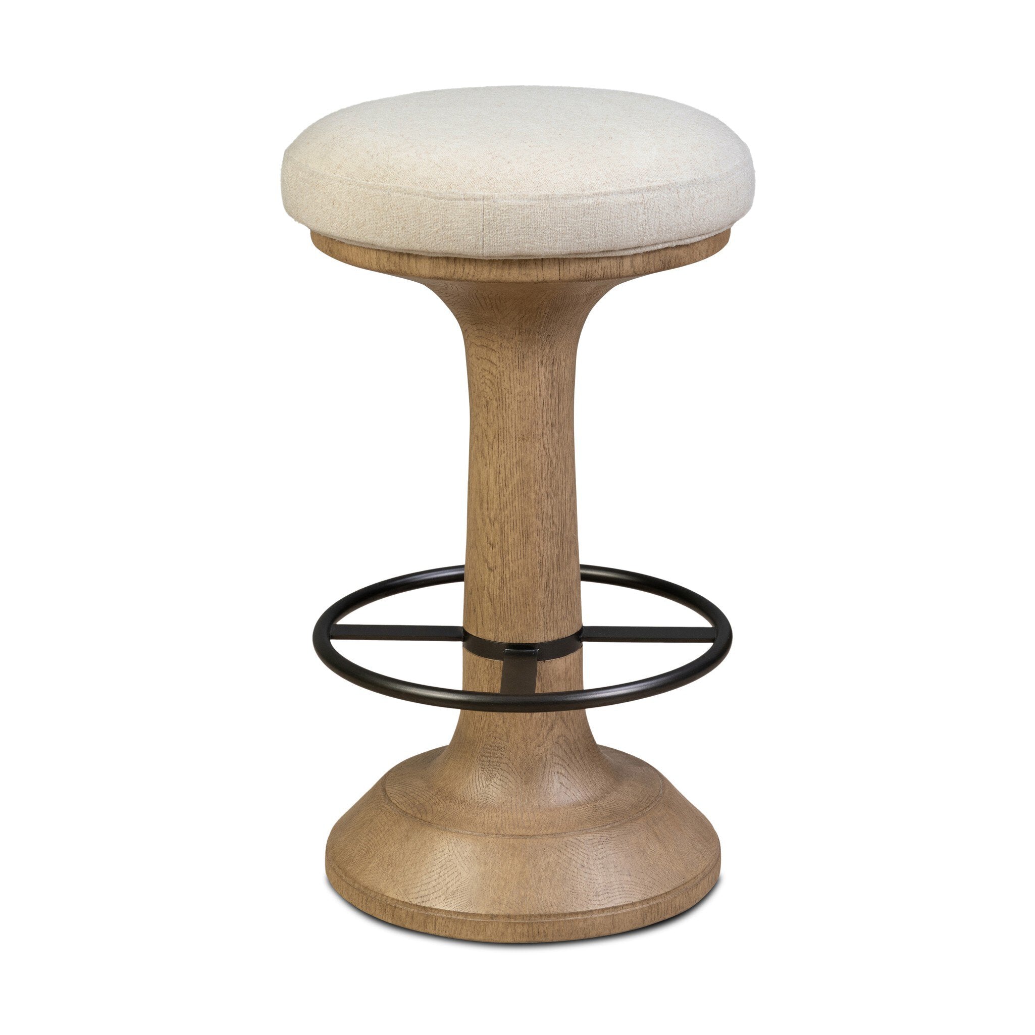 Wooden bar stool with a white cushioned seat on a white background