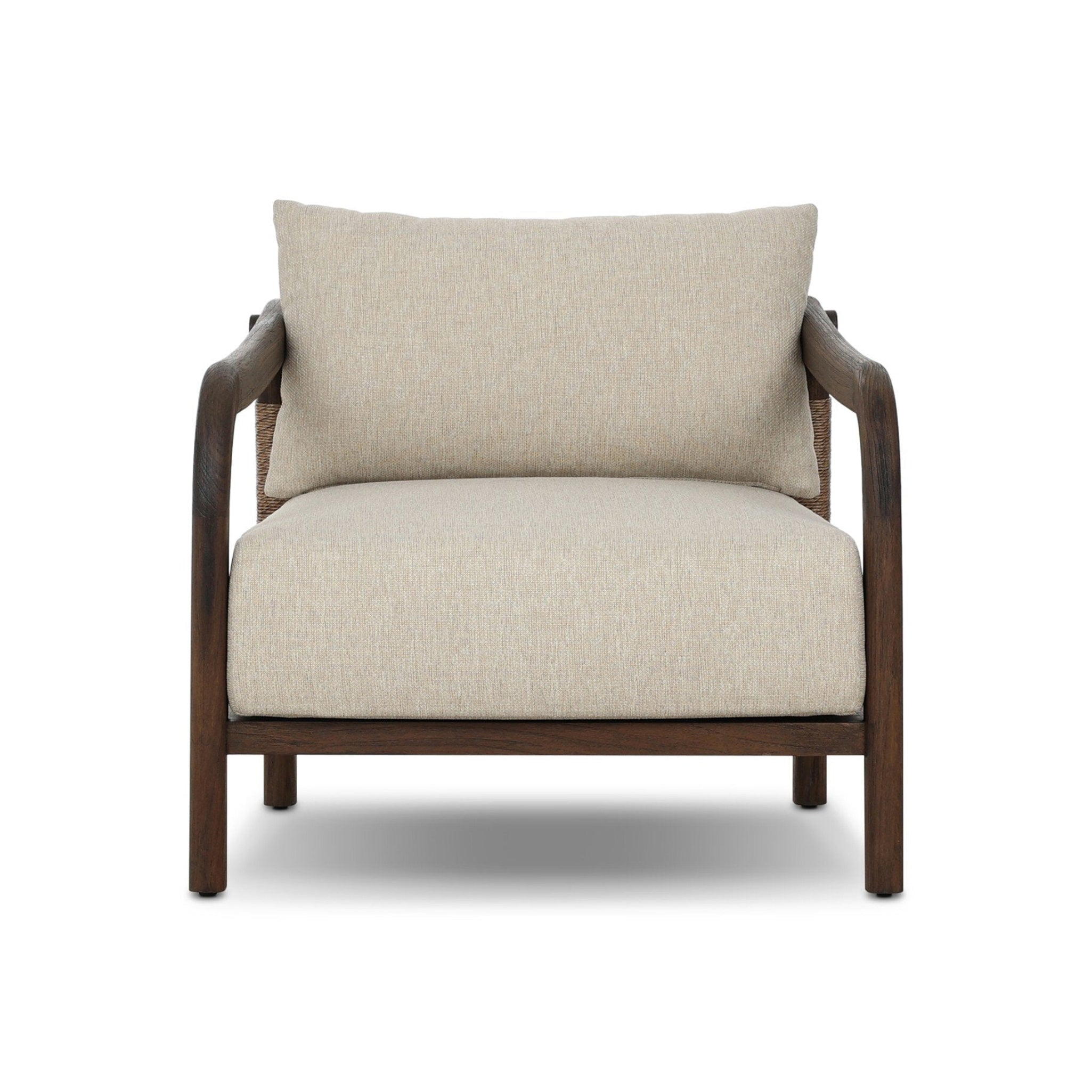 Beige armchair with wooden frame on a white background