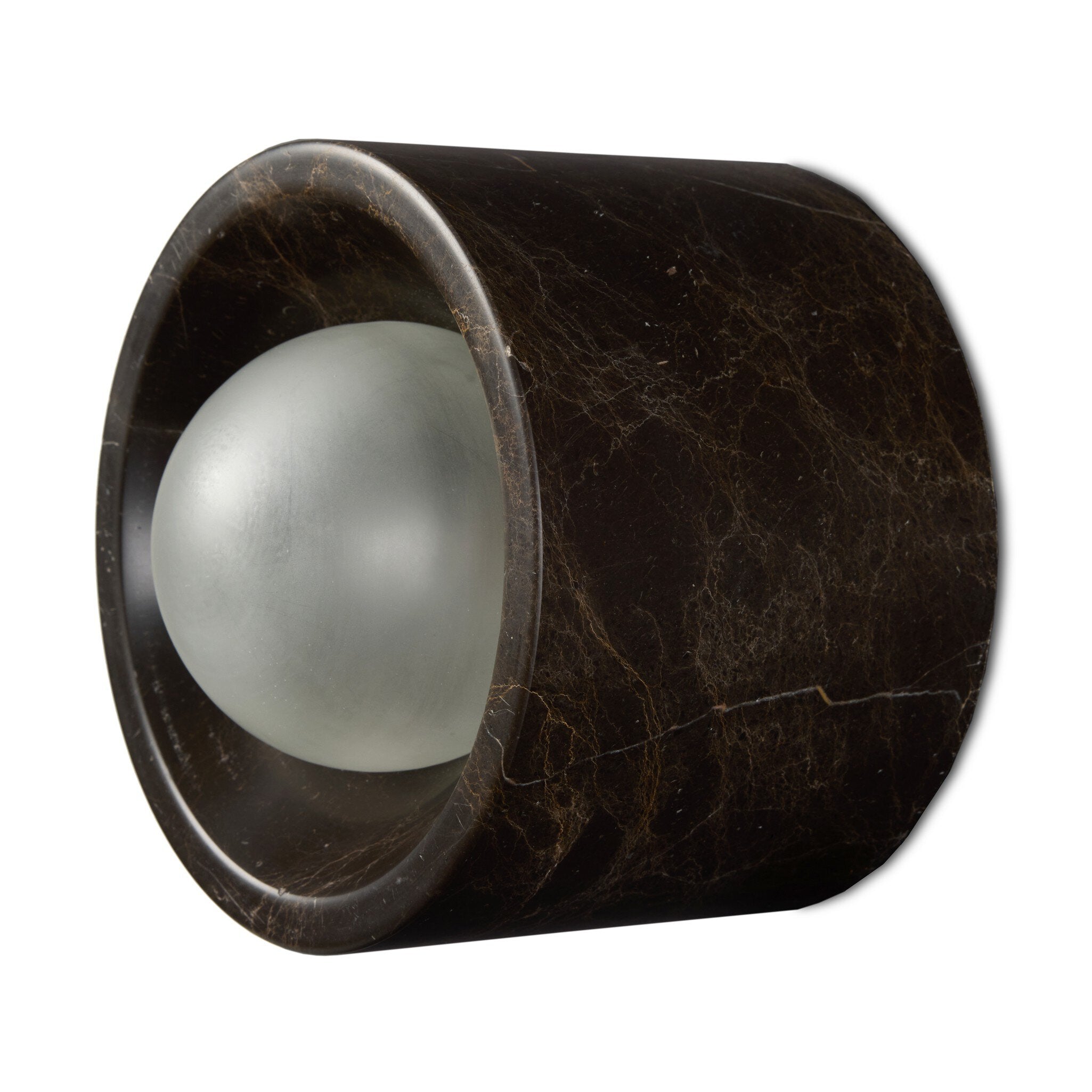 Dark brown marble-like cylindrical object with a white sphere inside on a white background