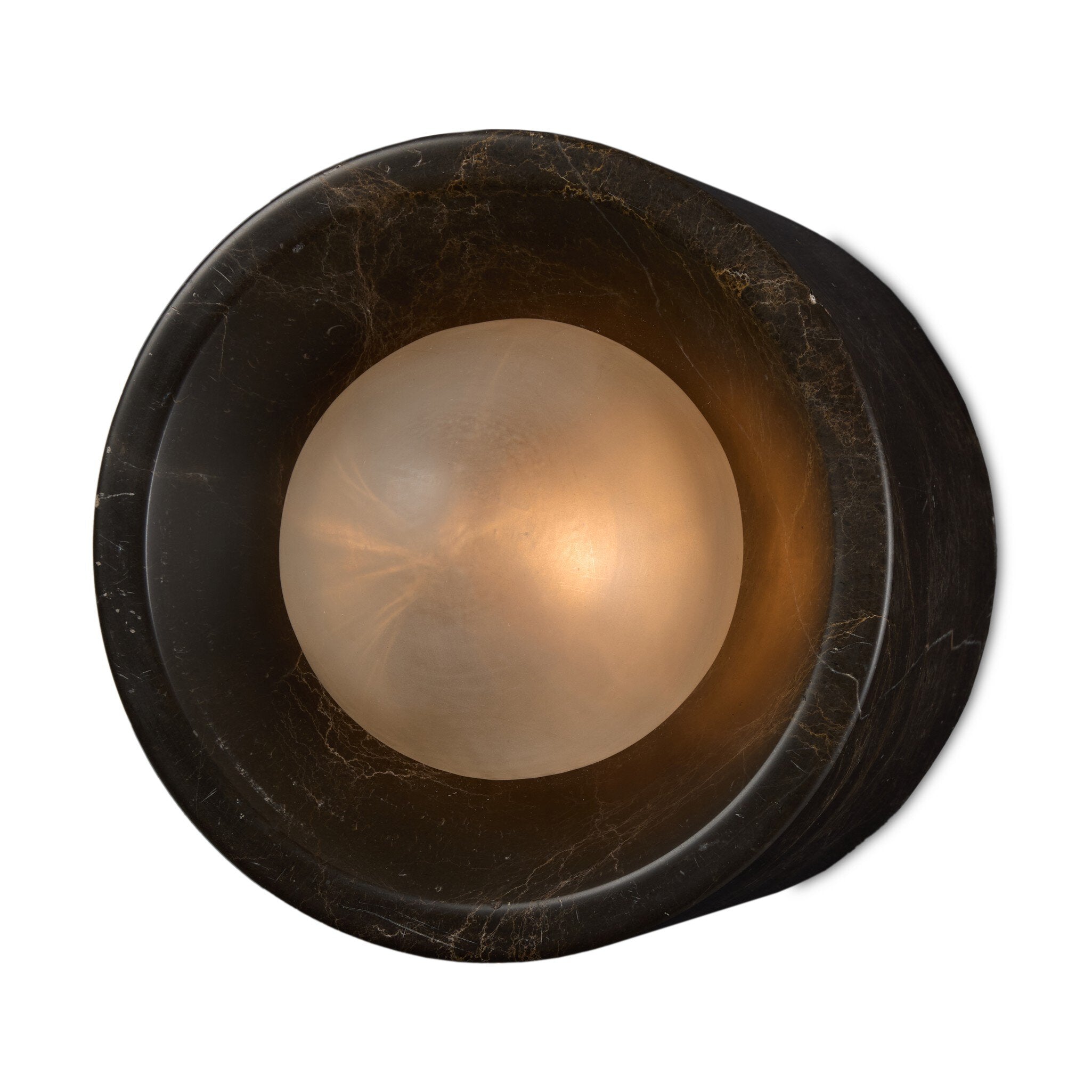 Round light fixture with a dark marble-like frame on a white background
