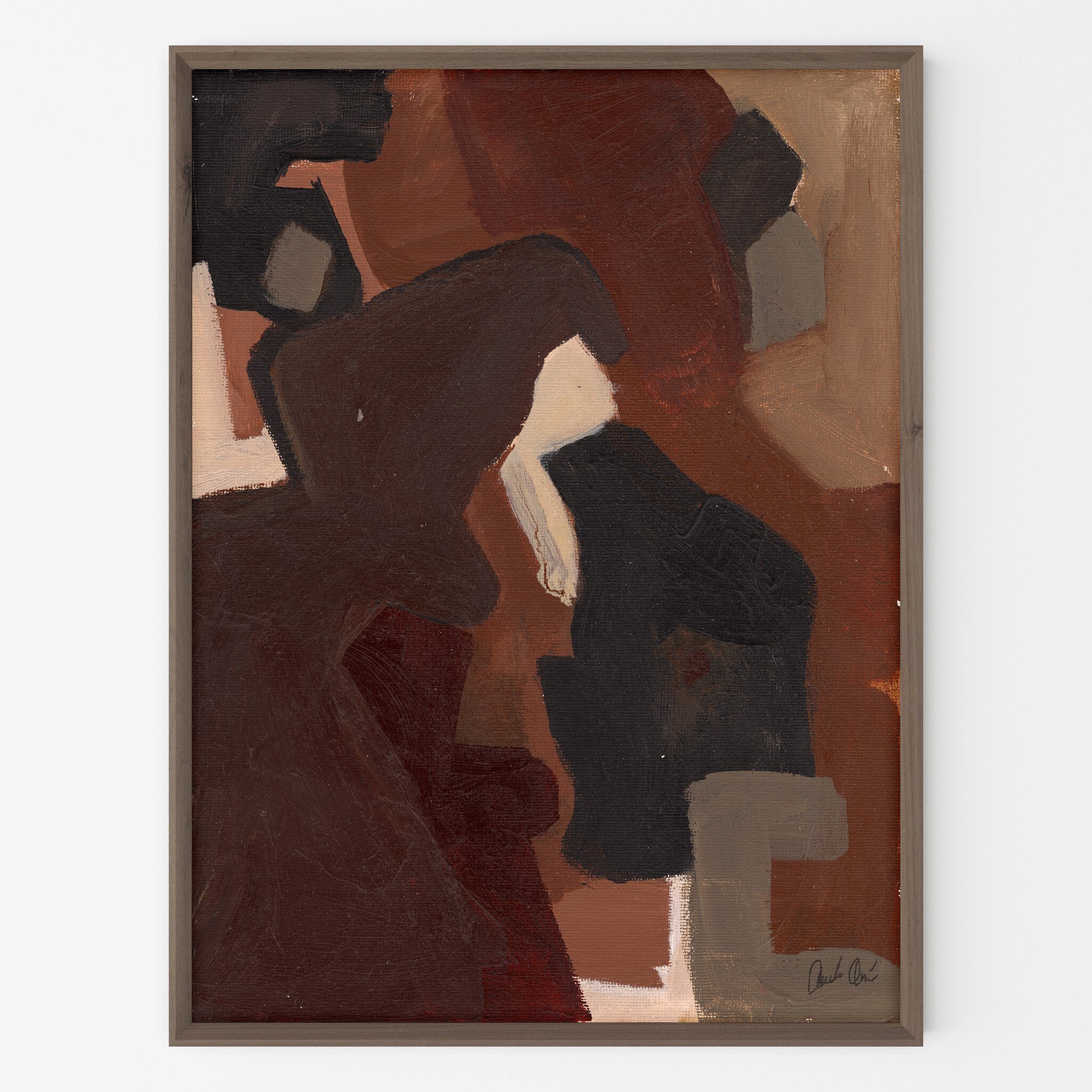 Abstract painting with brown and black tones on a white background