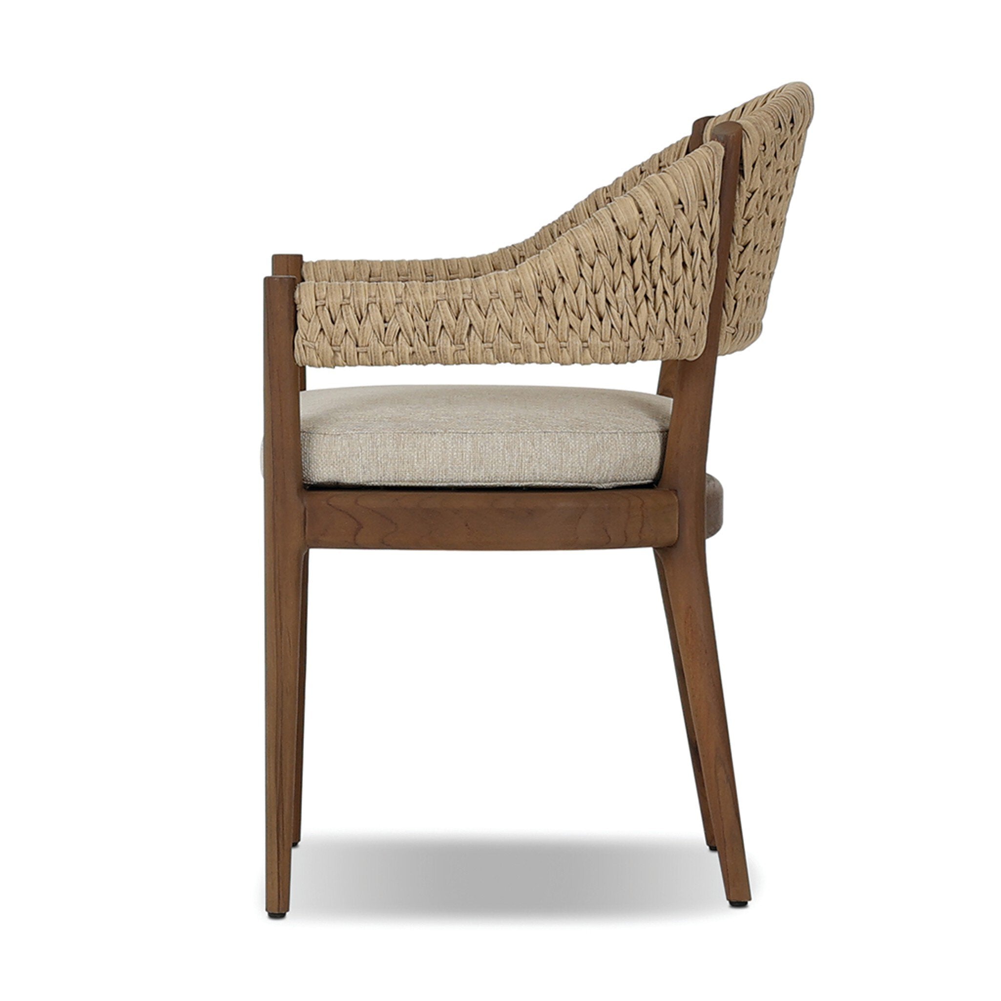 Chair with woven backrest and wooden frame on a white background