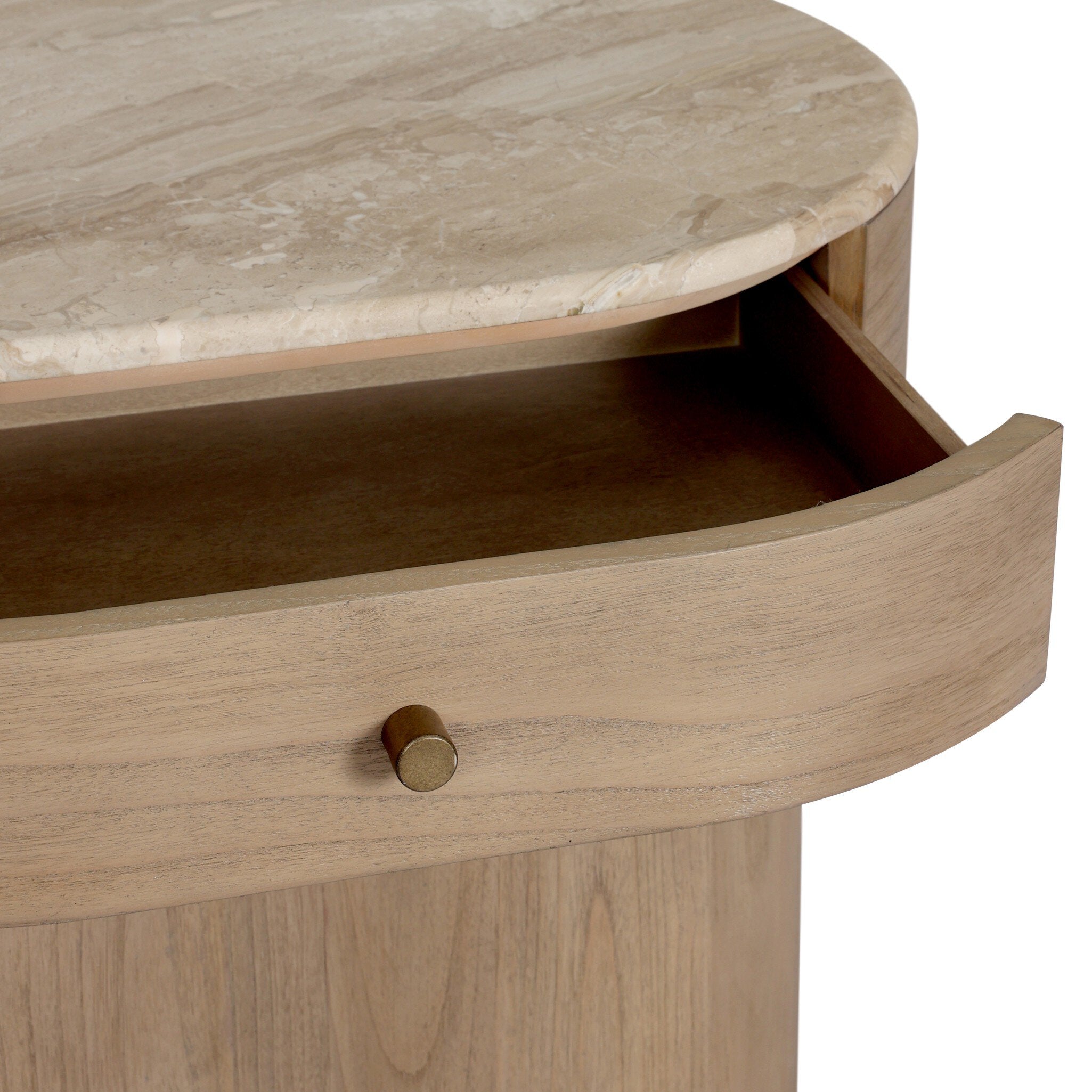 Wooden nightstand with marble top and open drawer
