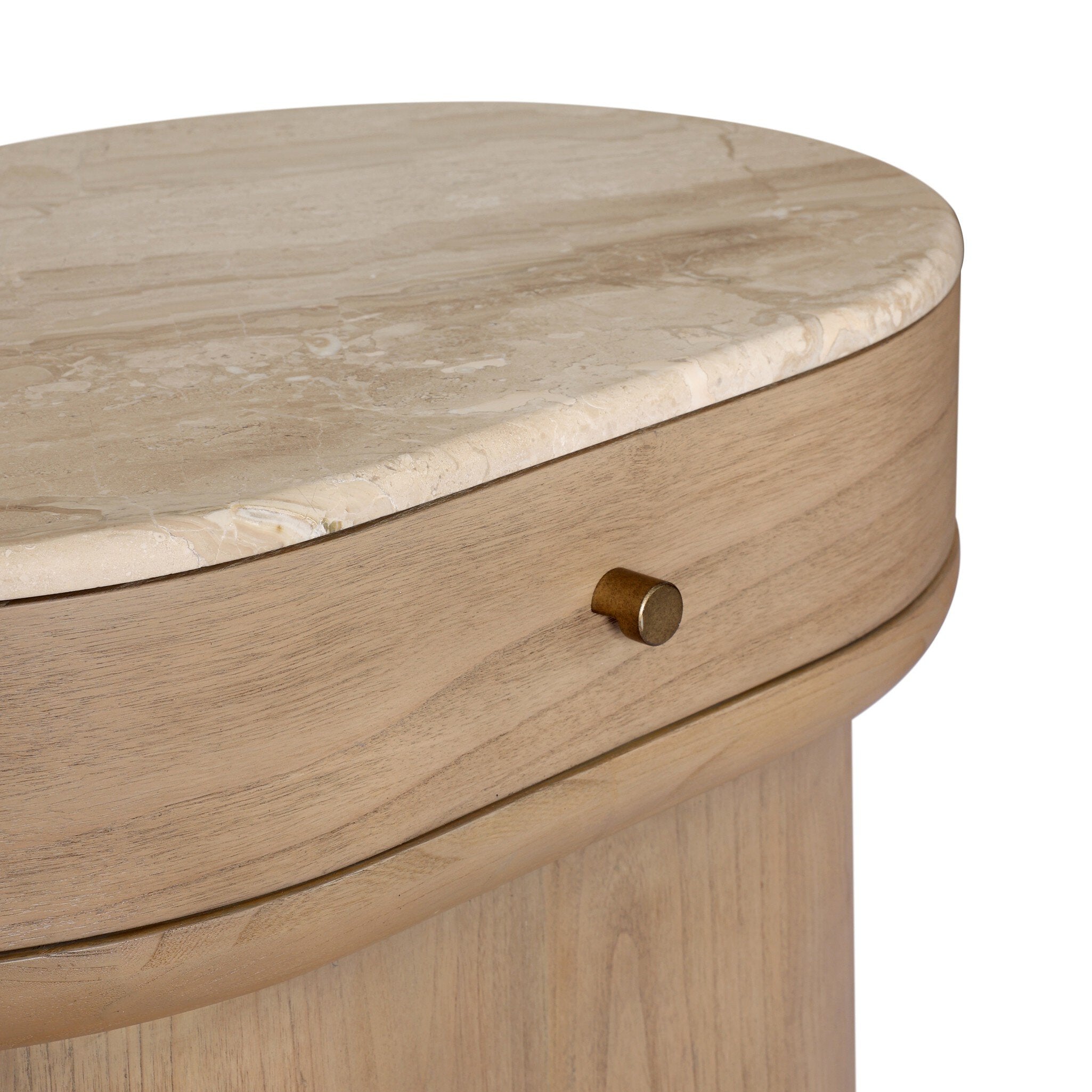 Round wooden side table with marble top and brass handle on a white background