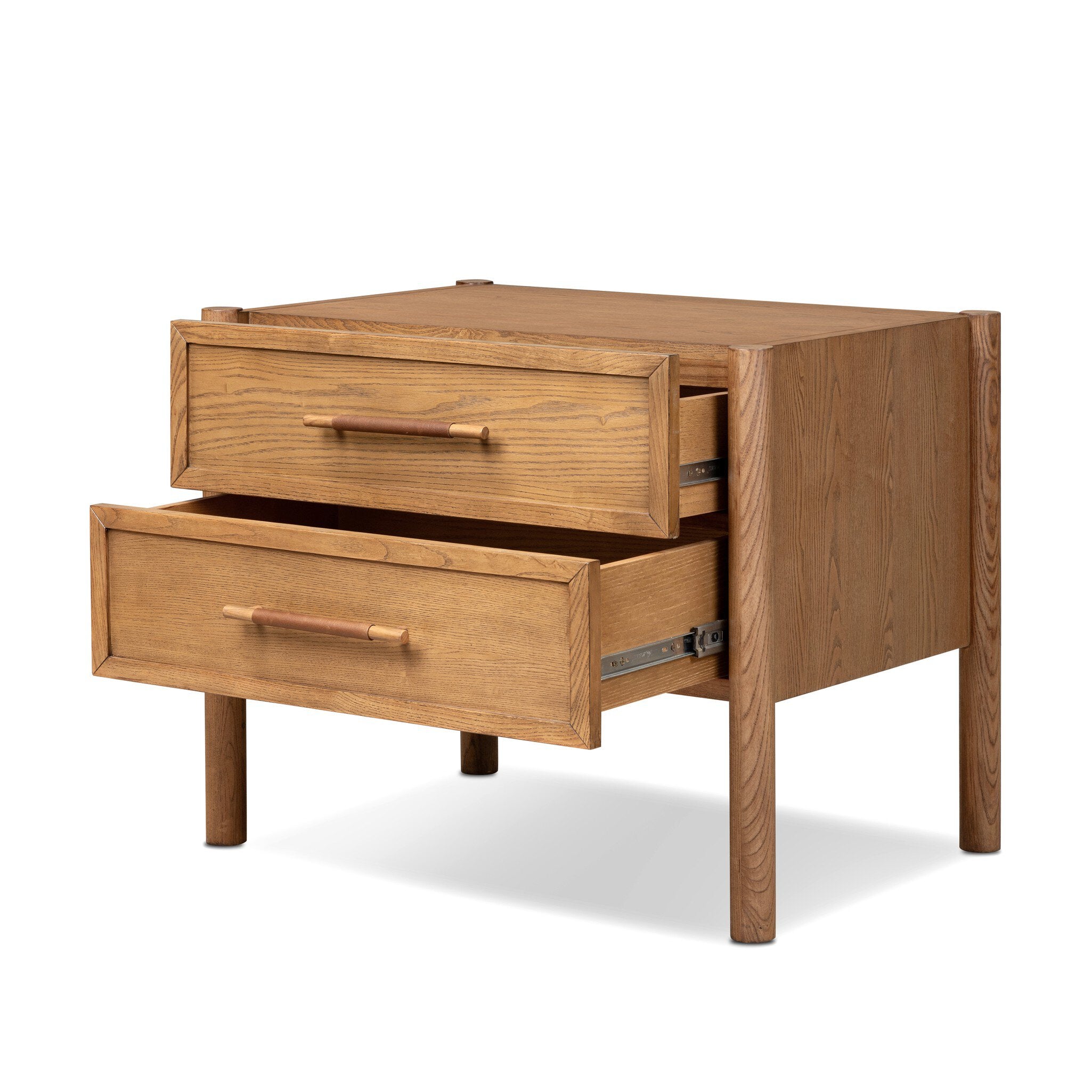 A mid-century modern wooden nightstand with two drawers, one of which is open, showcasing a warm medium-brown wood grain finish and metal drawer pulls.