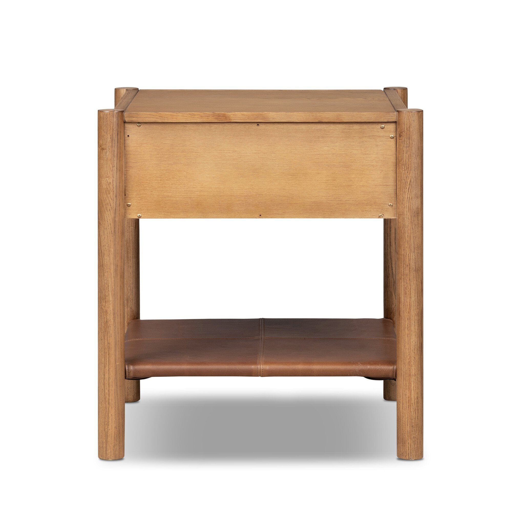 A mid-century modern wooden side table with a natural oak finish and a brown leather shelf, shown from the front on a white background.