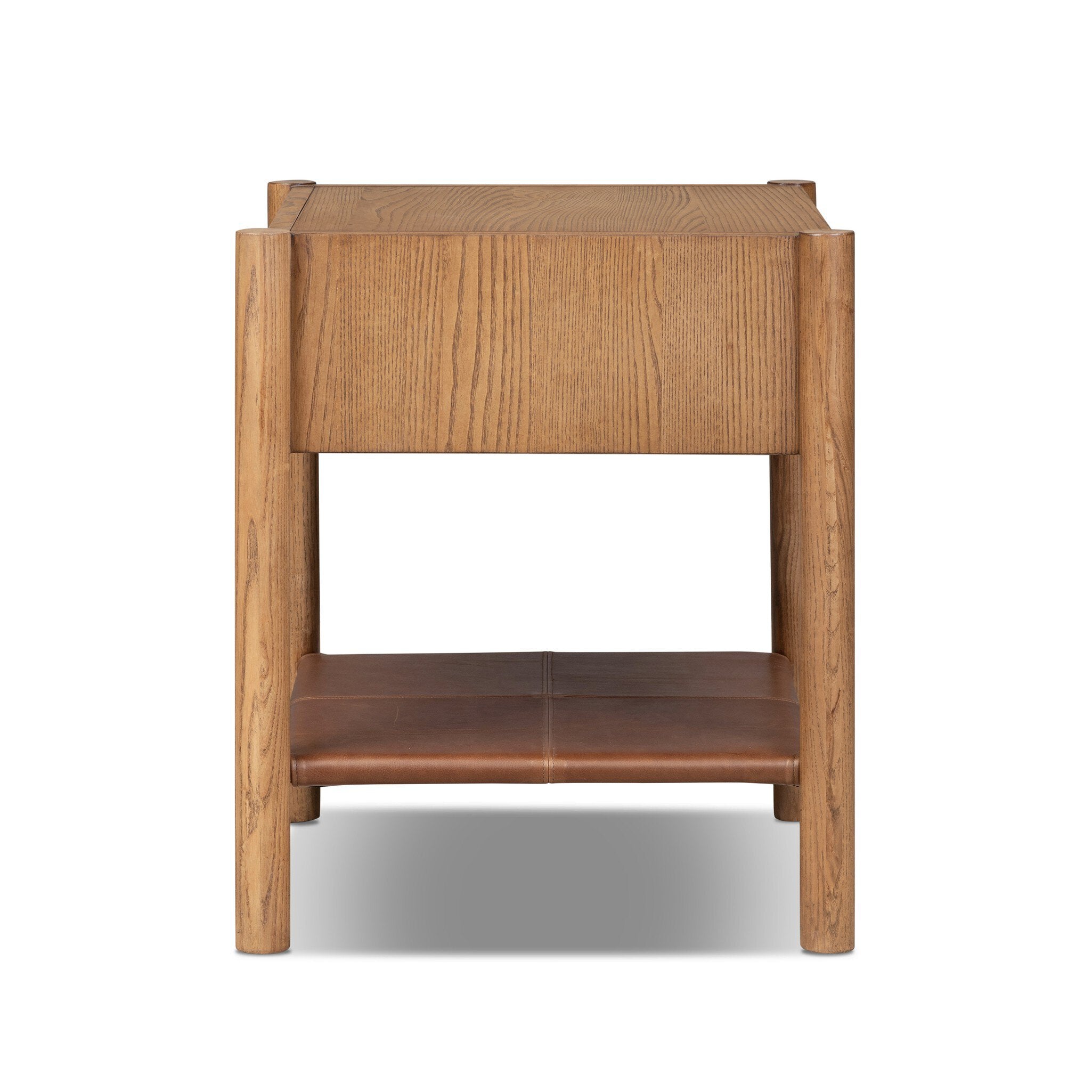 A modern wooden side table with a single drawer, featuring a light oak wood finish on the upper portion and a darker brown wood finish on the lower shelf, shown against a plain white background.