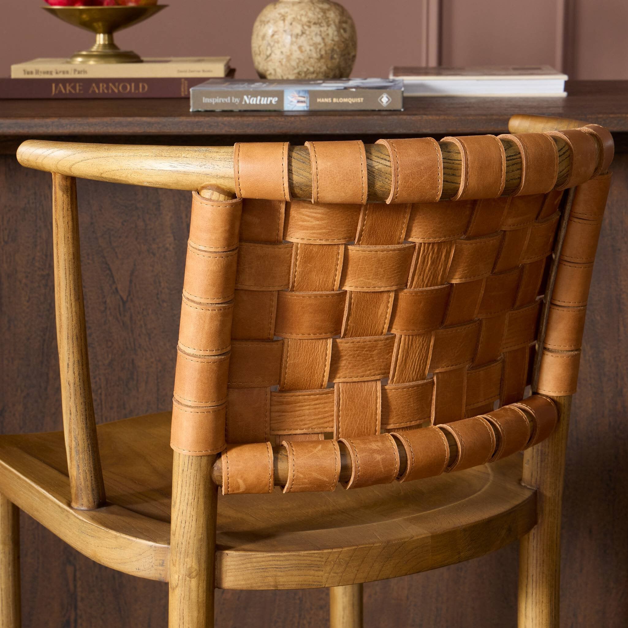 Wooden chair with woven backrest in a room setting