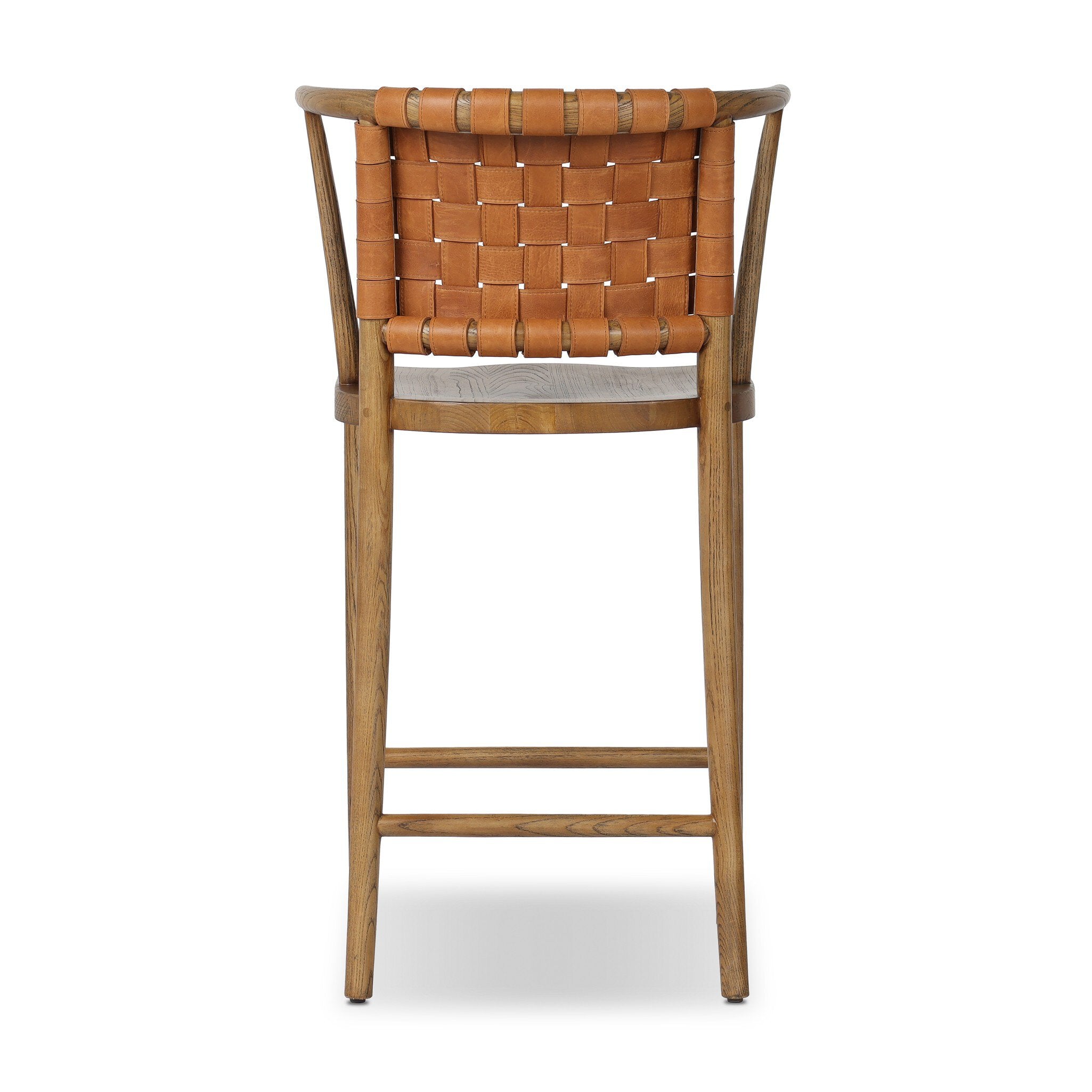 Wooden bar stool with woven backrest on a white background