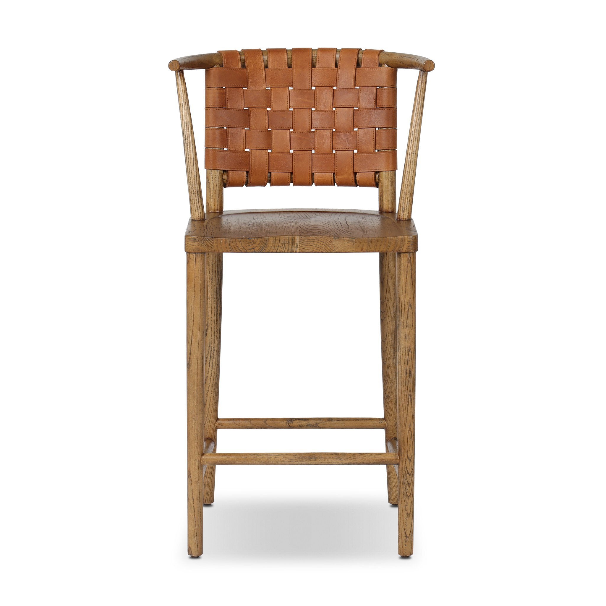 Wooden bar stool with woven backrest on a white background