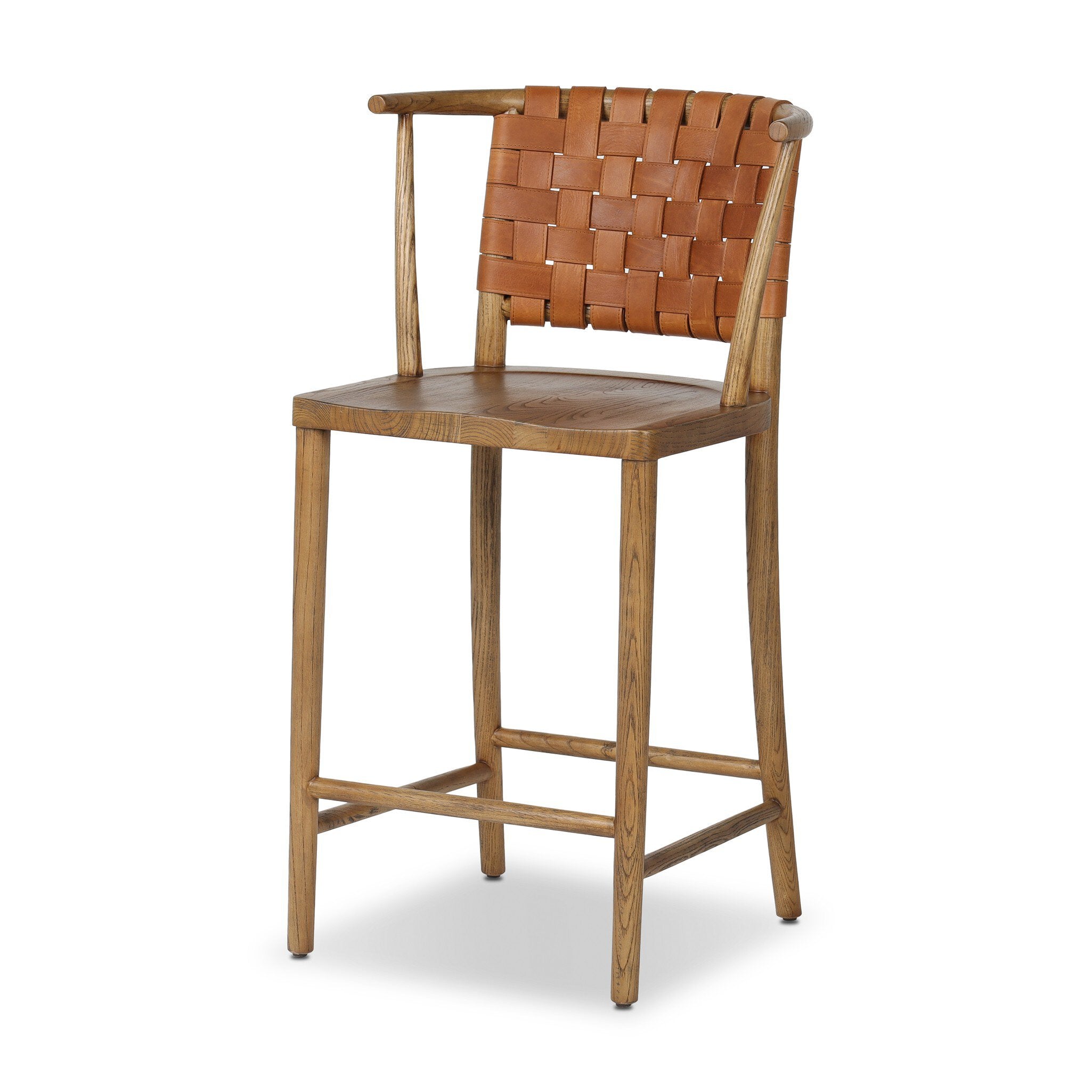 Wooden bar stool with woven backrest on a white background