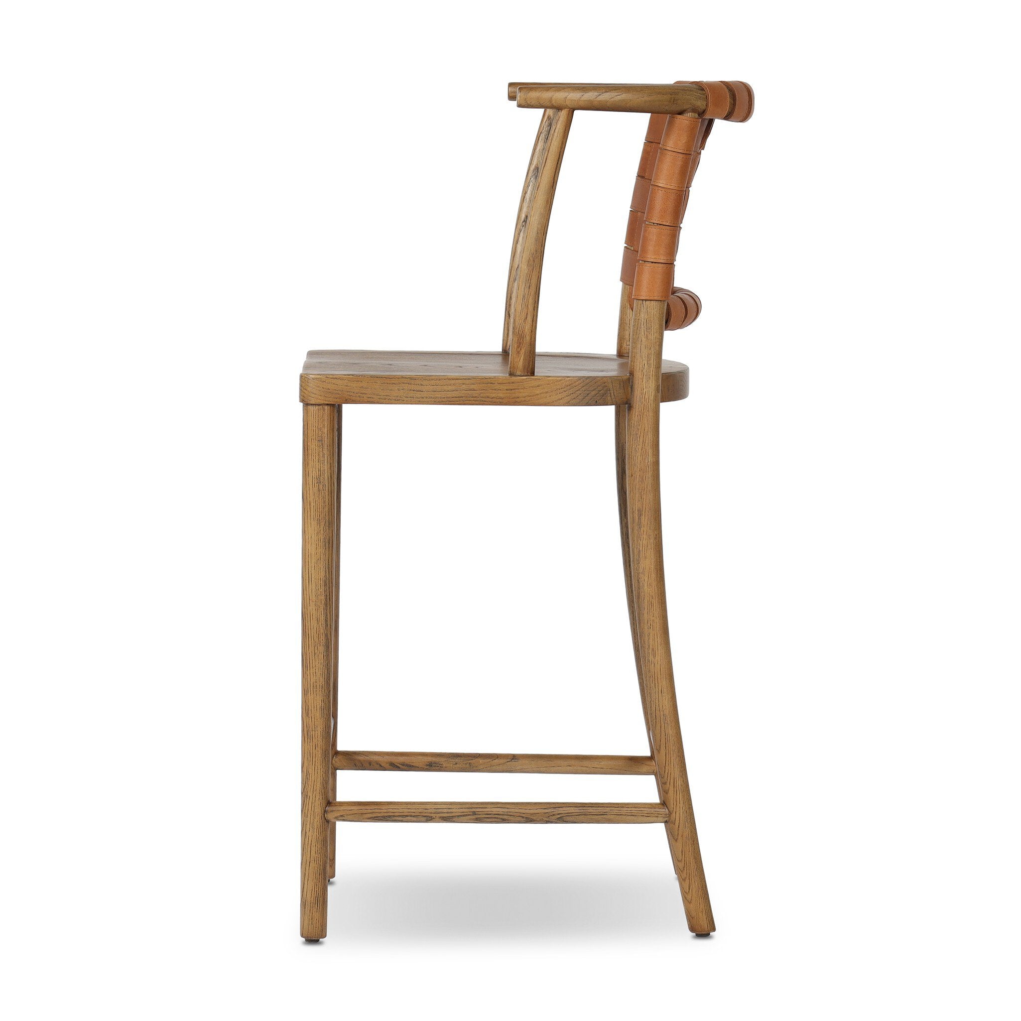 Wooden bar stool with curved backrest on a white background
