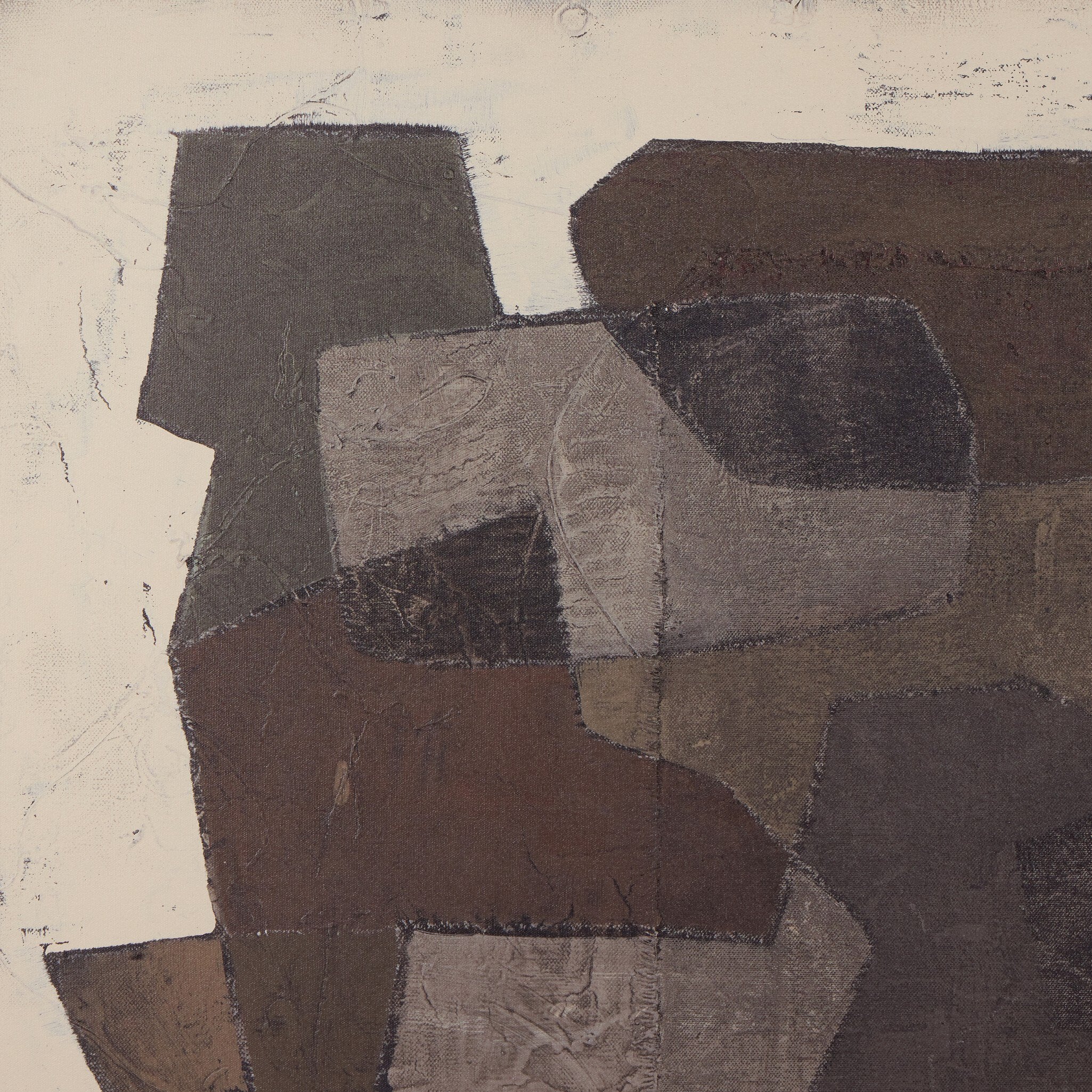 Abstract art piece with geometric shapes in brown and gray on a textured beige background