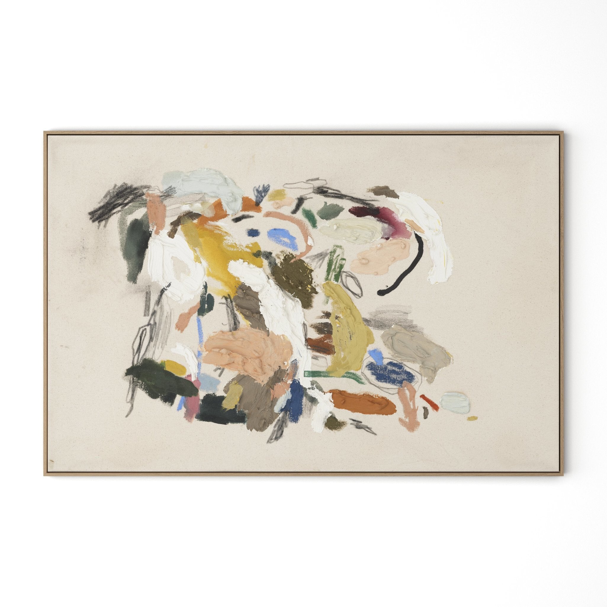 Abstract art piece with colorful brush strokes on a beige background