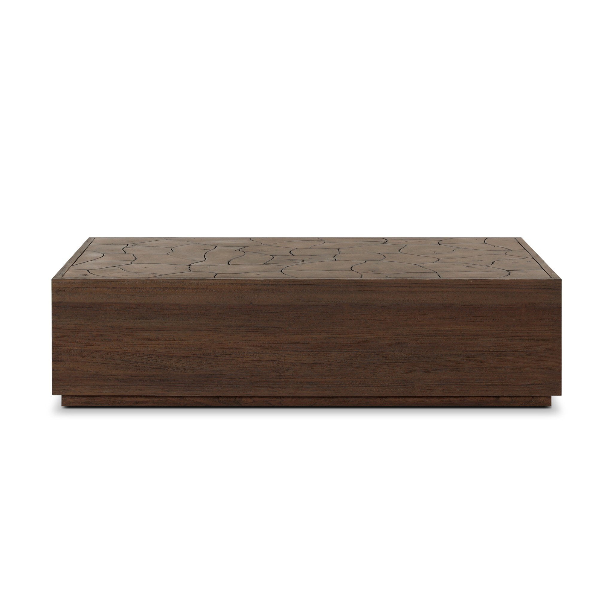 Wooden outdoor coffee table with decorative carvings on a white background