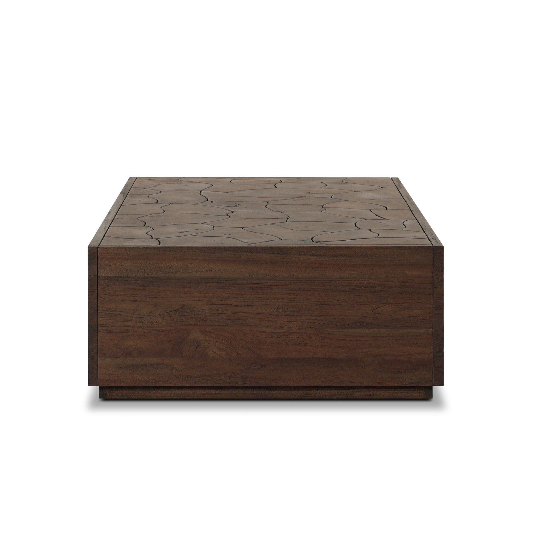 Wooden outdoor coffee table with a textured surface on a white background