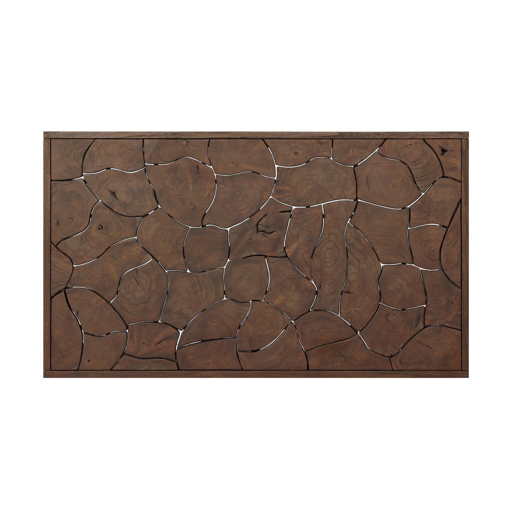 Wooden outdoor coffee table top with fragmented design on a white background