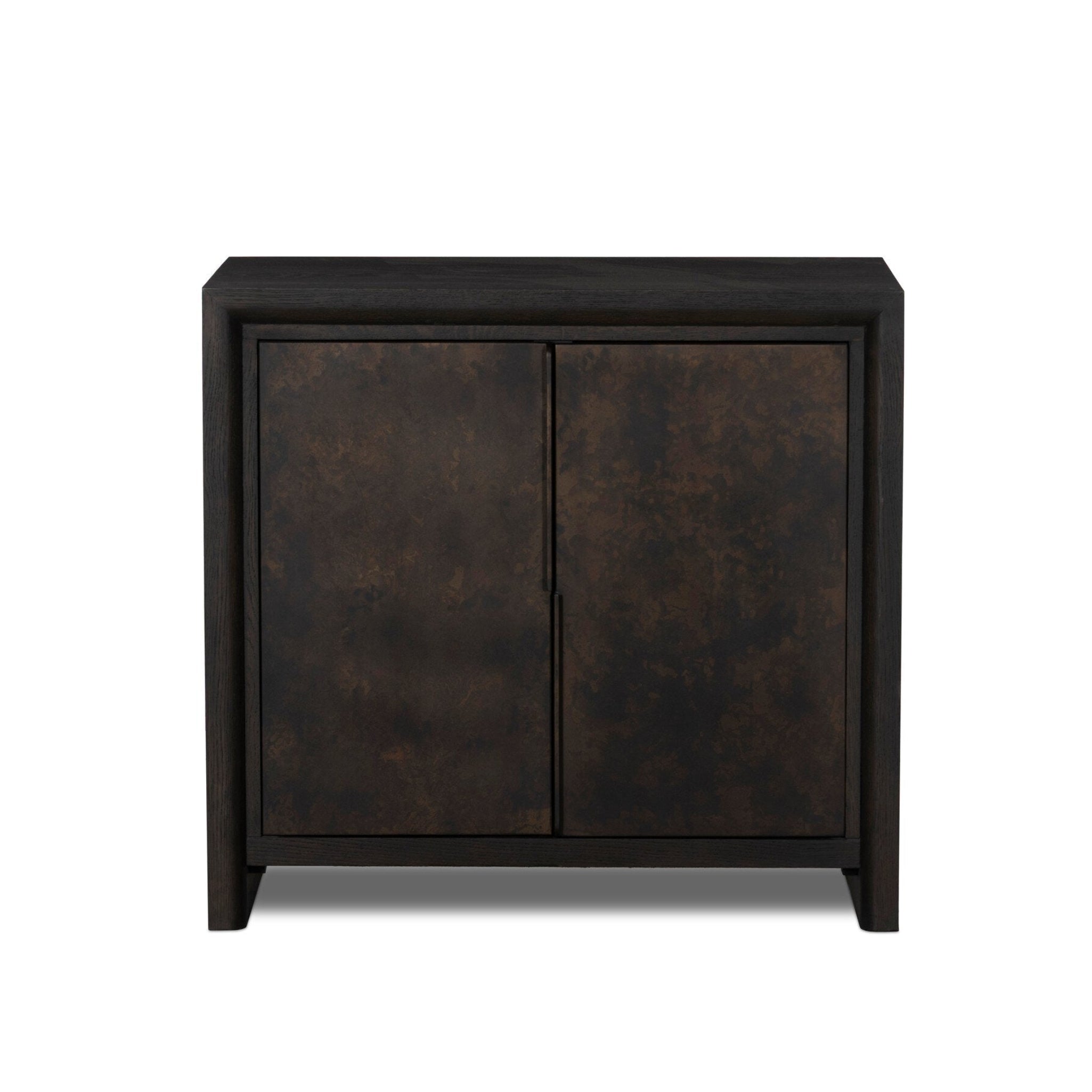 Dark brown wooden cabinet with two doors on a white background
