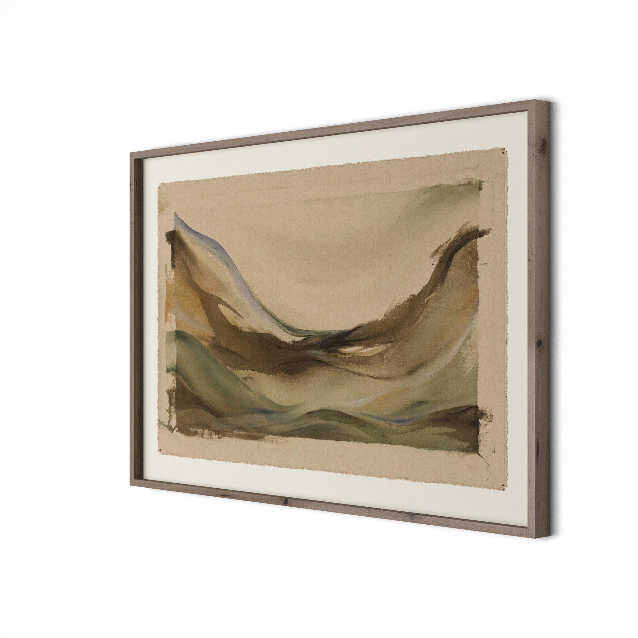 Framed abstract artwork with wavy lines on a beige background