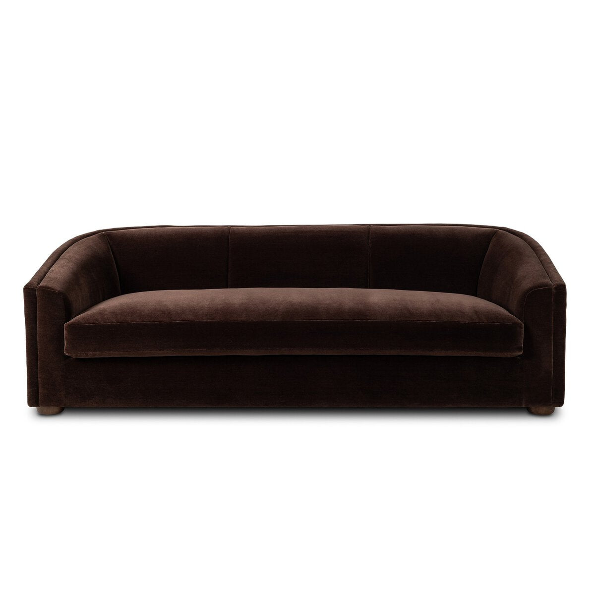A dark brown velvet loveseat sofa with a curved back and arms, shown from a straight-on perspective against a plain white background.