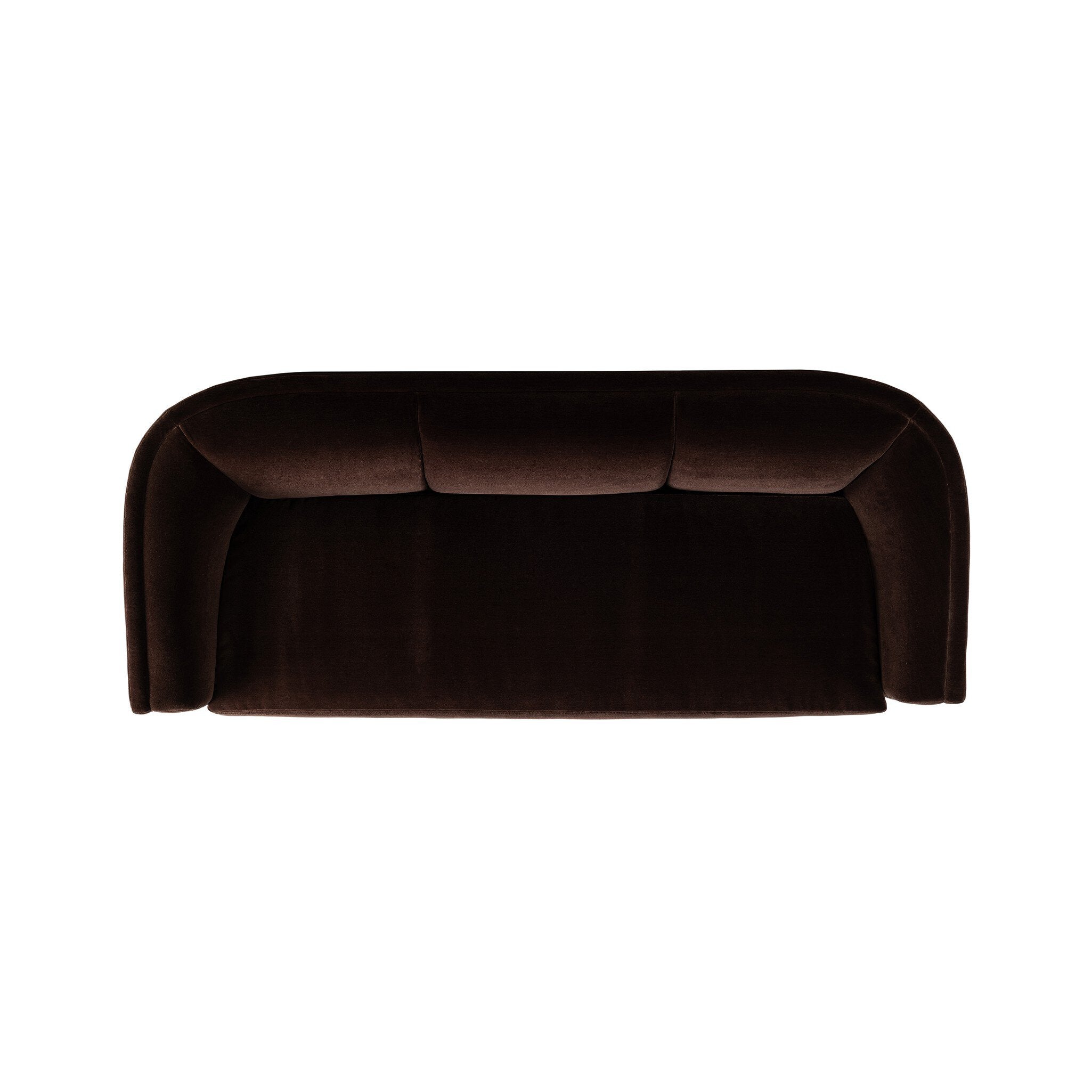 A dark brown velvet sofa shown from the top on a plain white background.