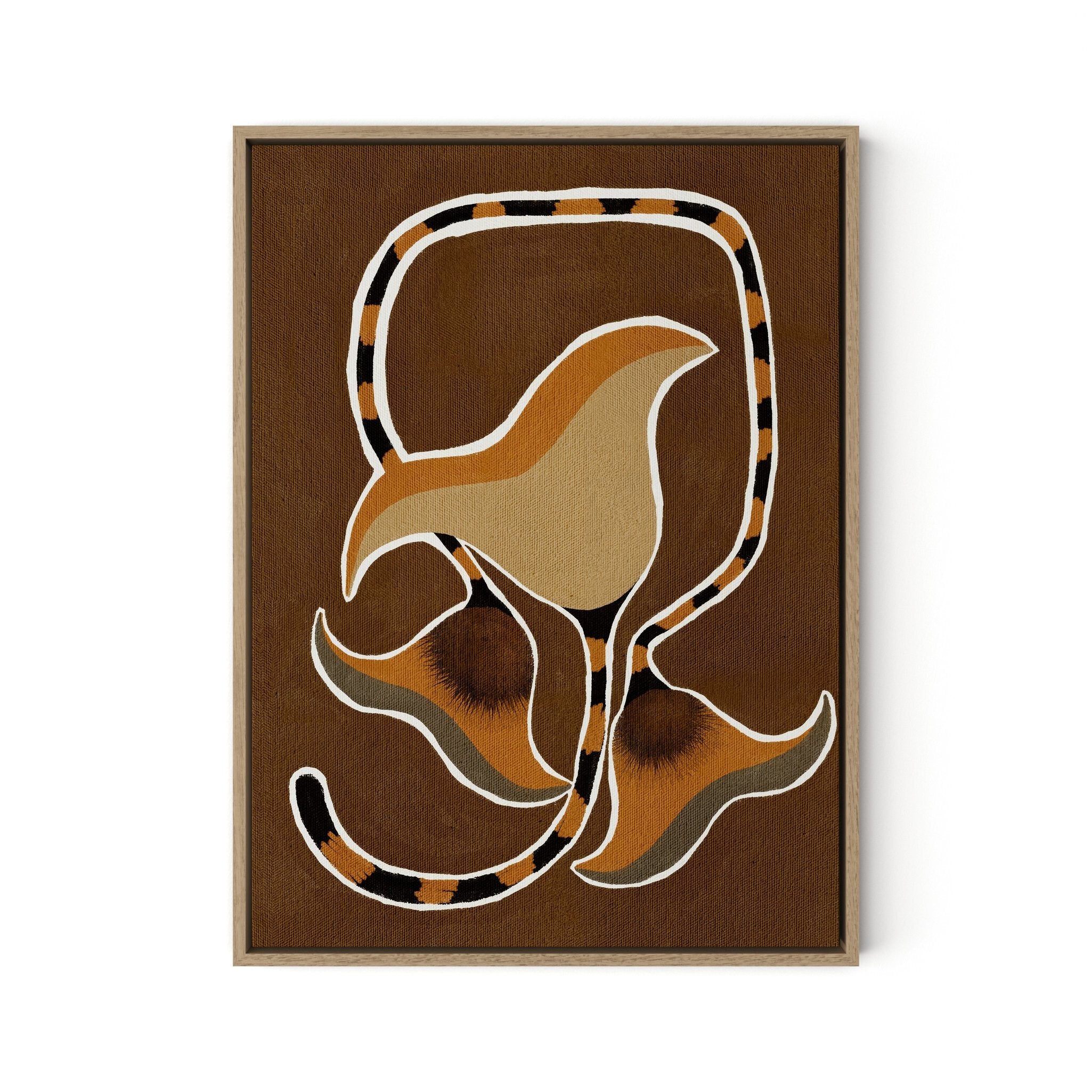 Abstract art print of a stylized botanical shape with tiger print on a brown background