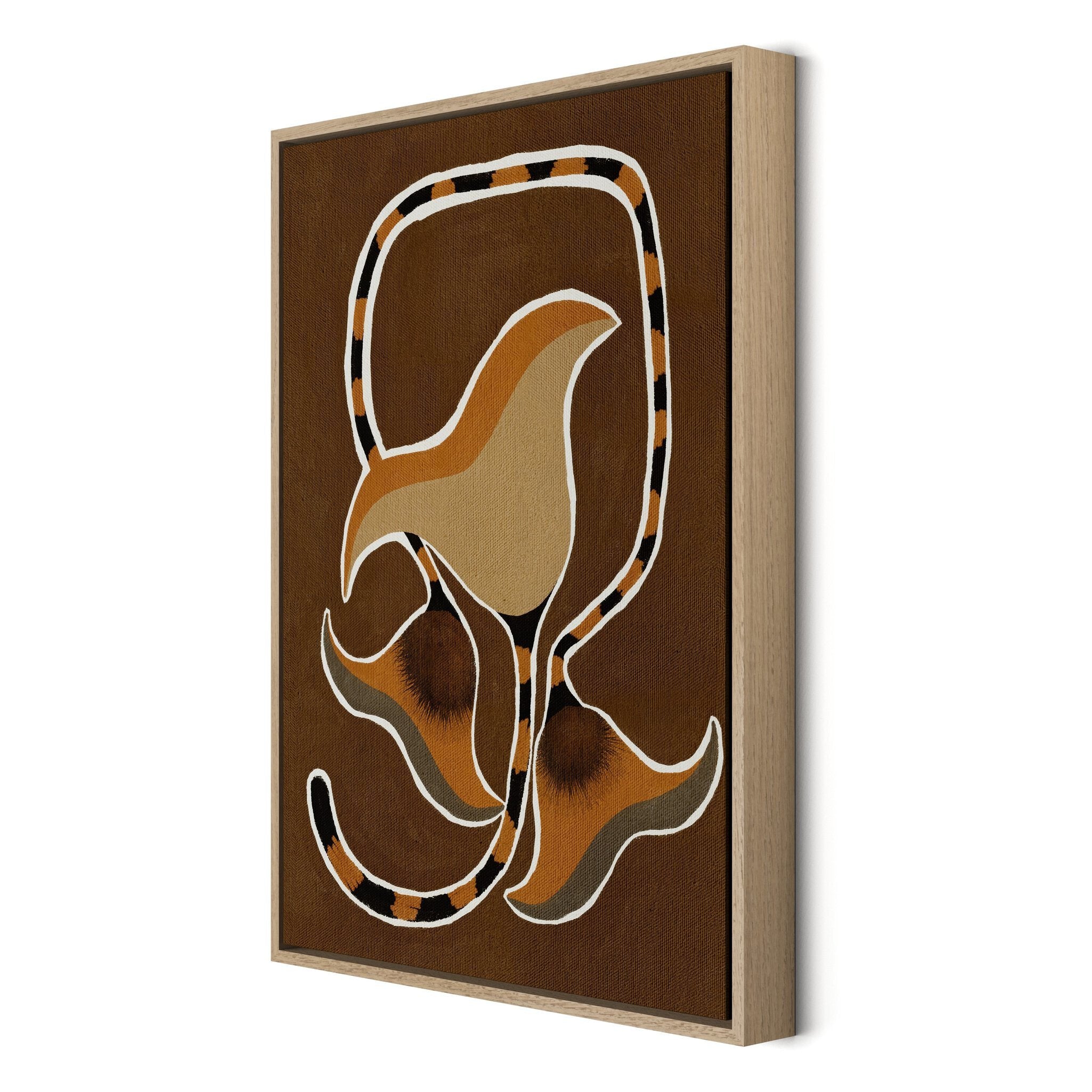 Abstract art piece with a stylized floral design on a brown background