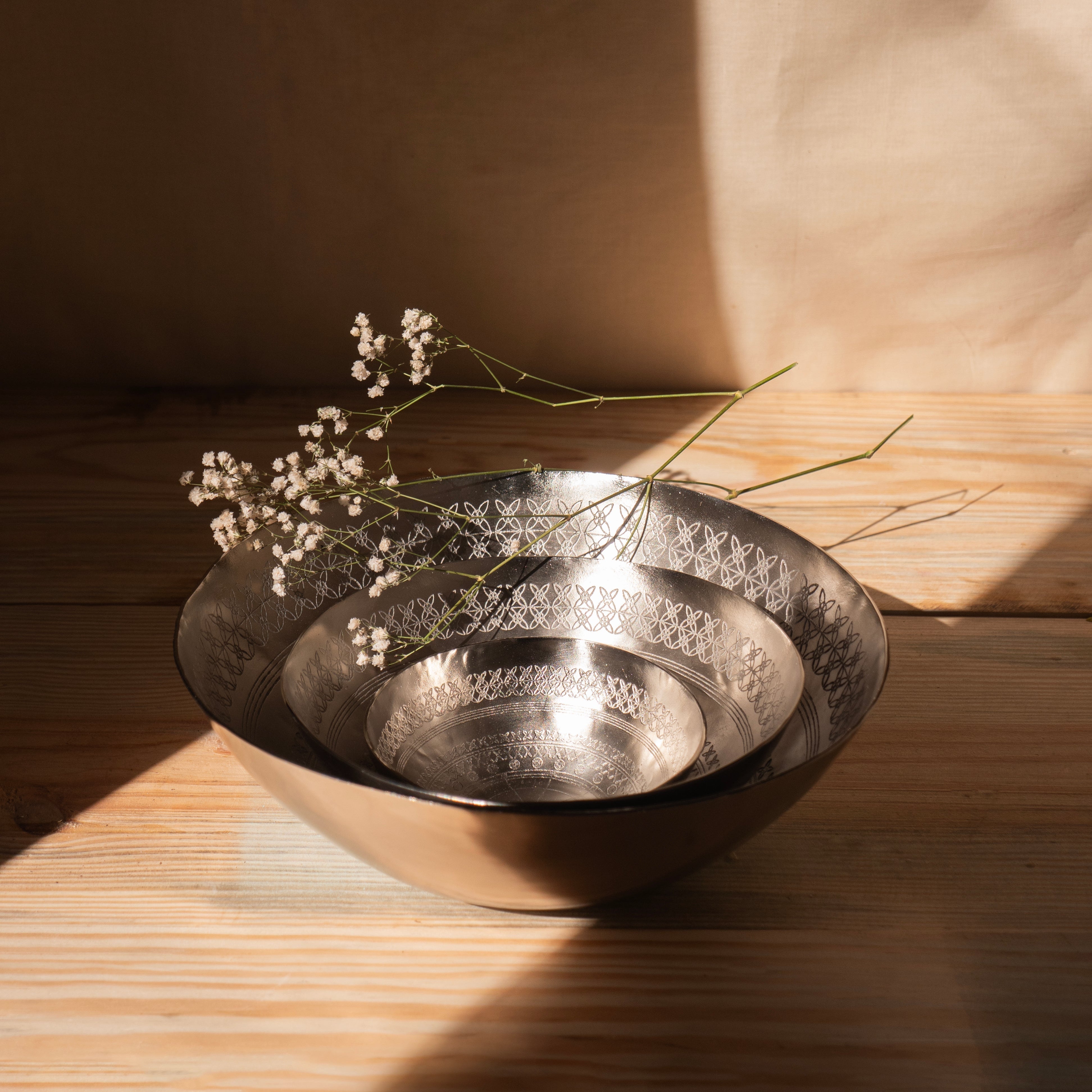 Silver bowl with textured surface on a wooden surface, featuring a plant.