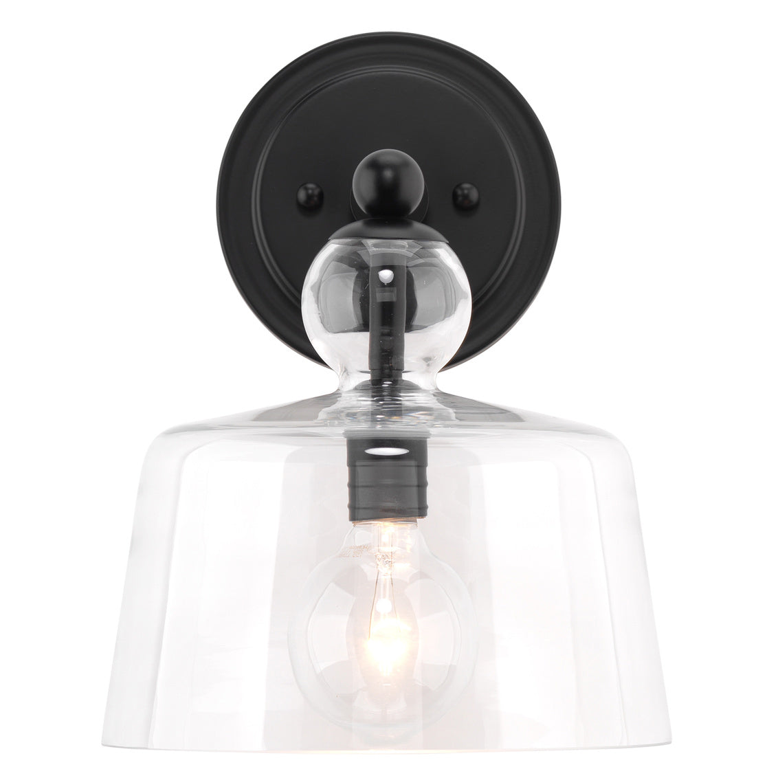 Wall-mounted light fixture with black finish and clear glass shade on a white background
