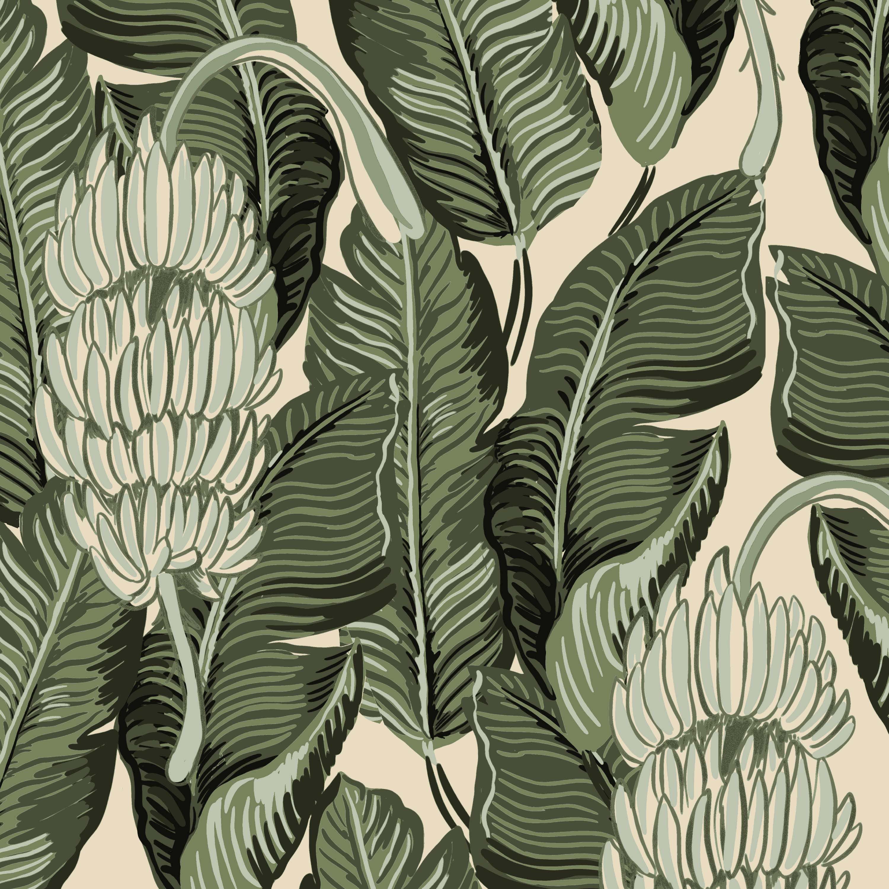 Pattern of green leaves and white flowers on a beige background
