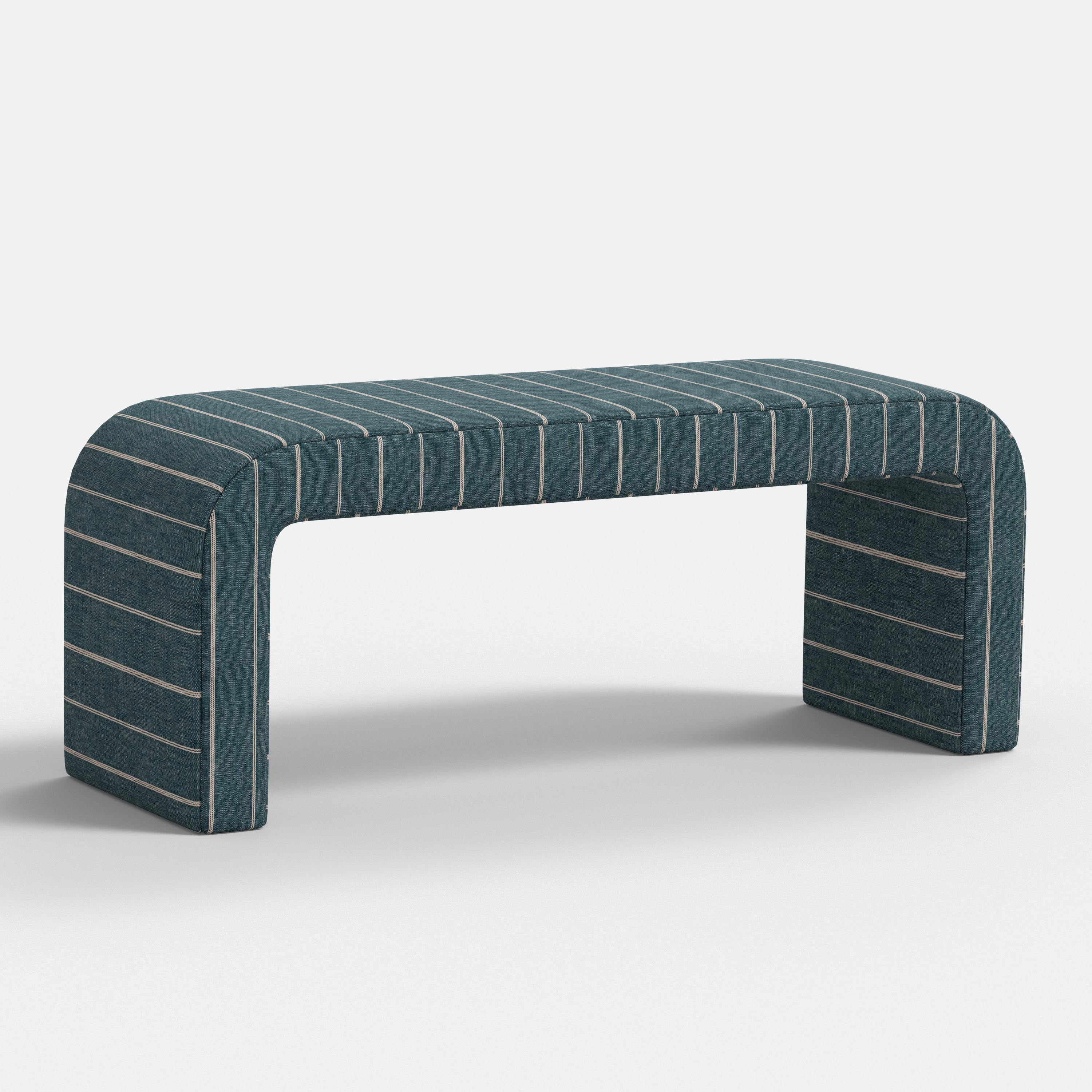 Striped bench with a blue and white pattern on a white background