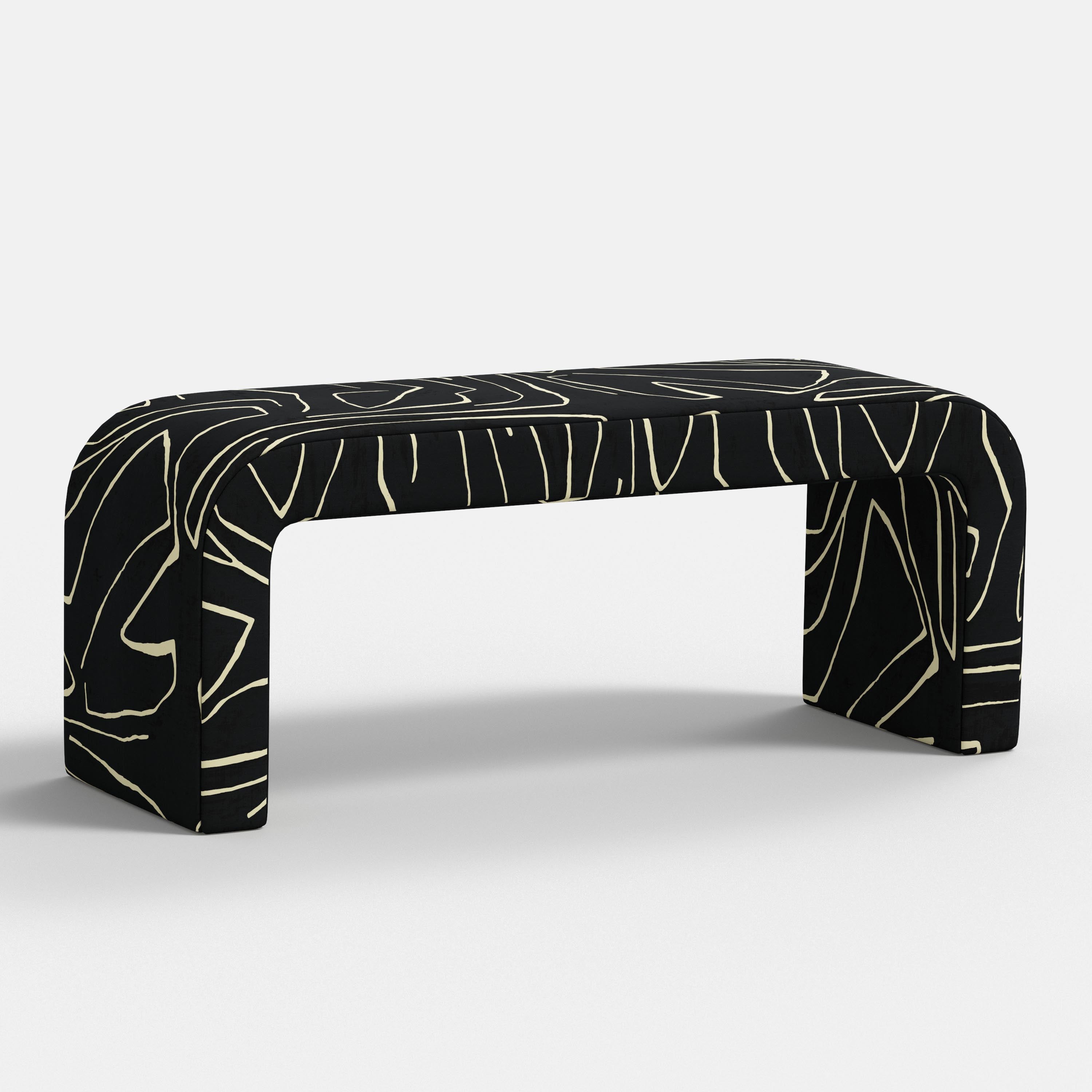 Black bench with geometric pattern on a white background