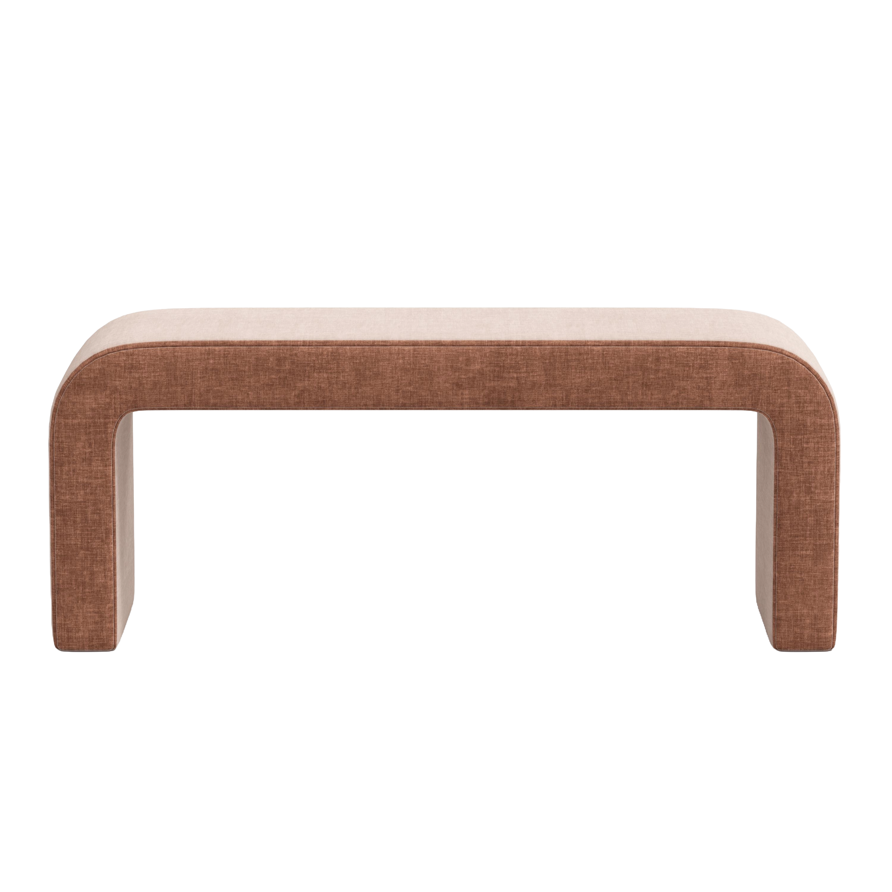 Rectangular bench with brown textured frame and beige cushion on a white background