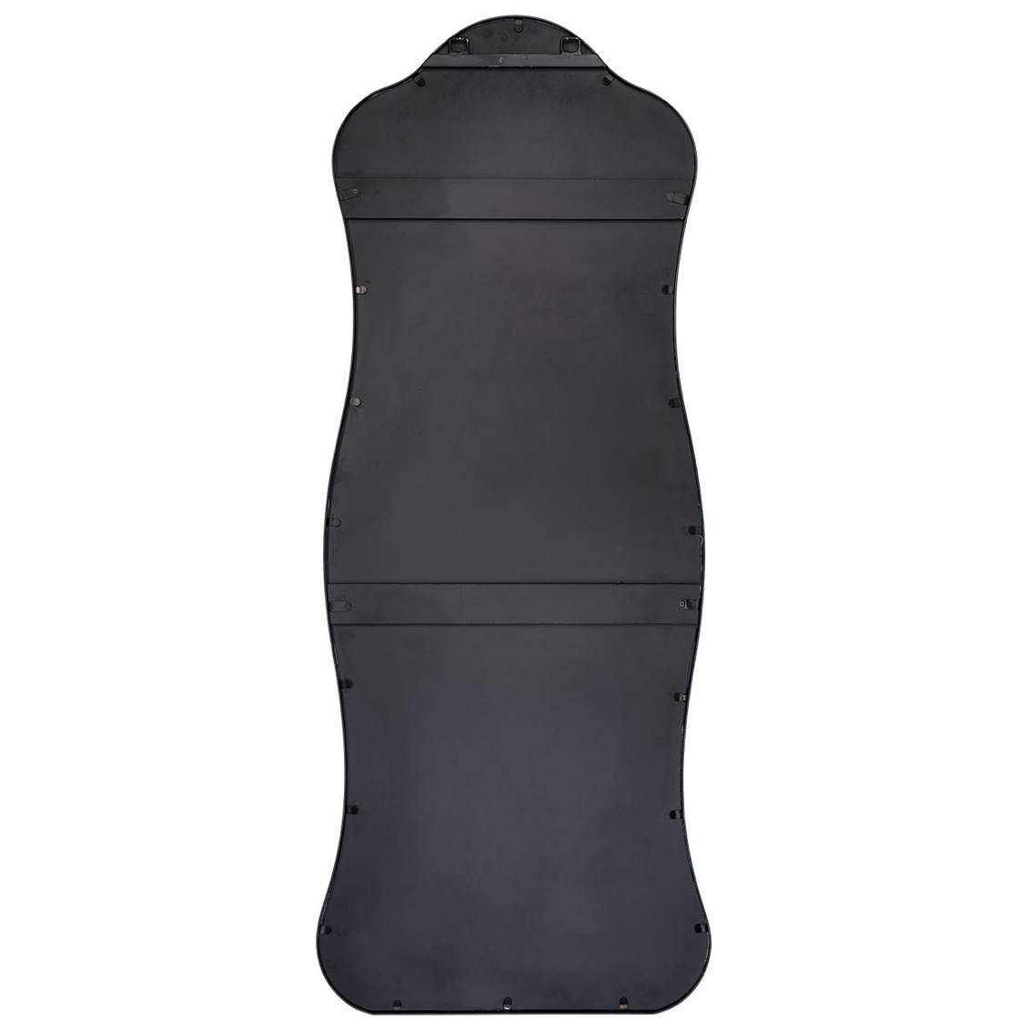 Back of black iron floor mirror with D-loops