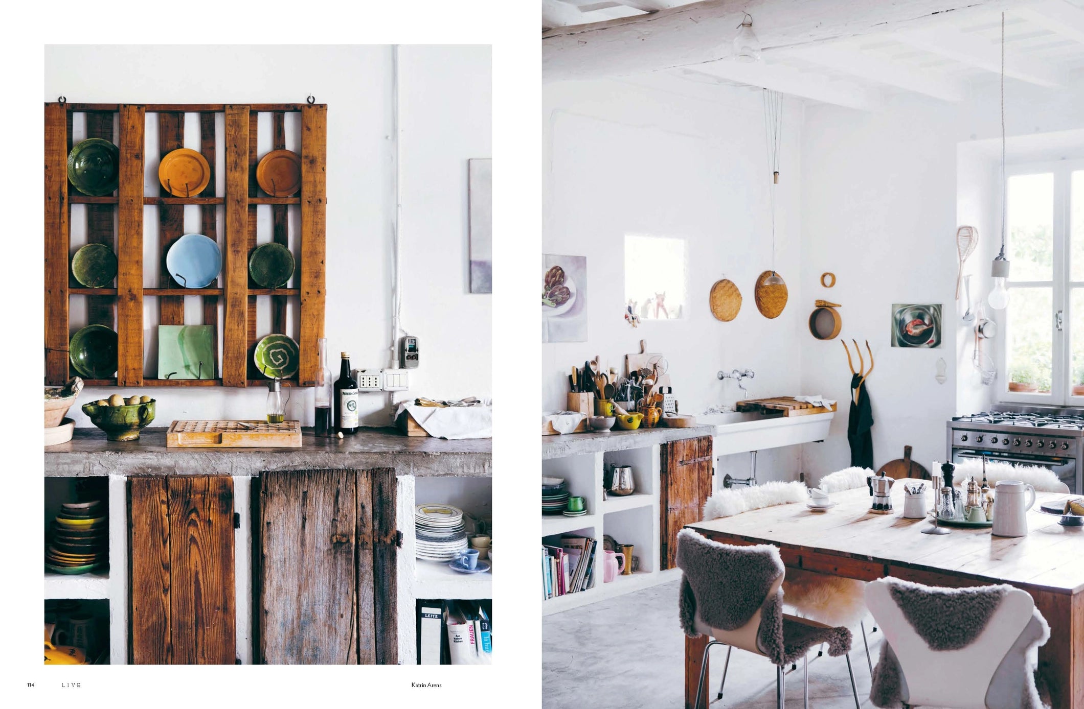 Two kitchen interior designs with wooden and white decor.