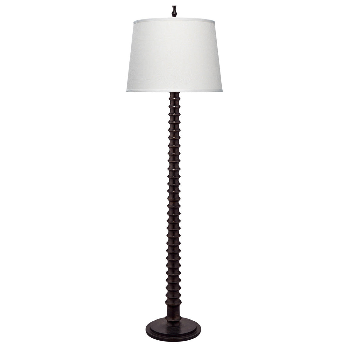 Black floor lamp with a white shade on a white background