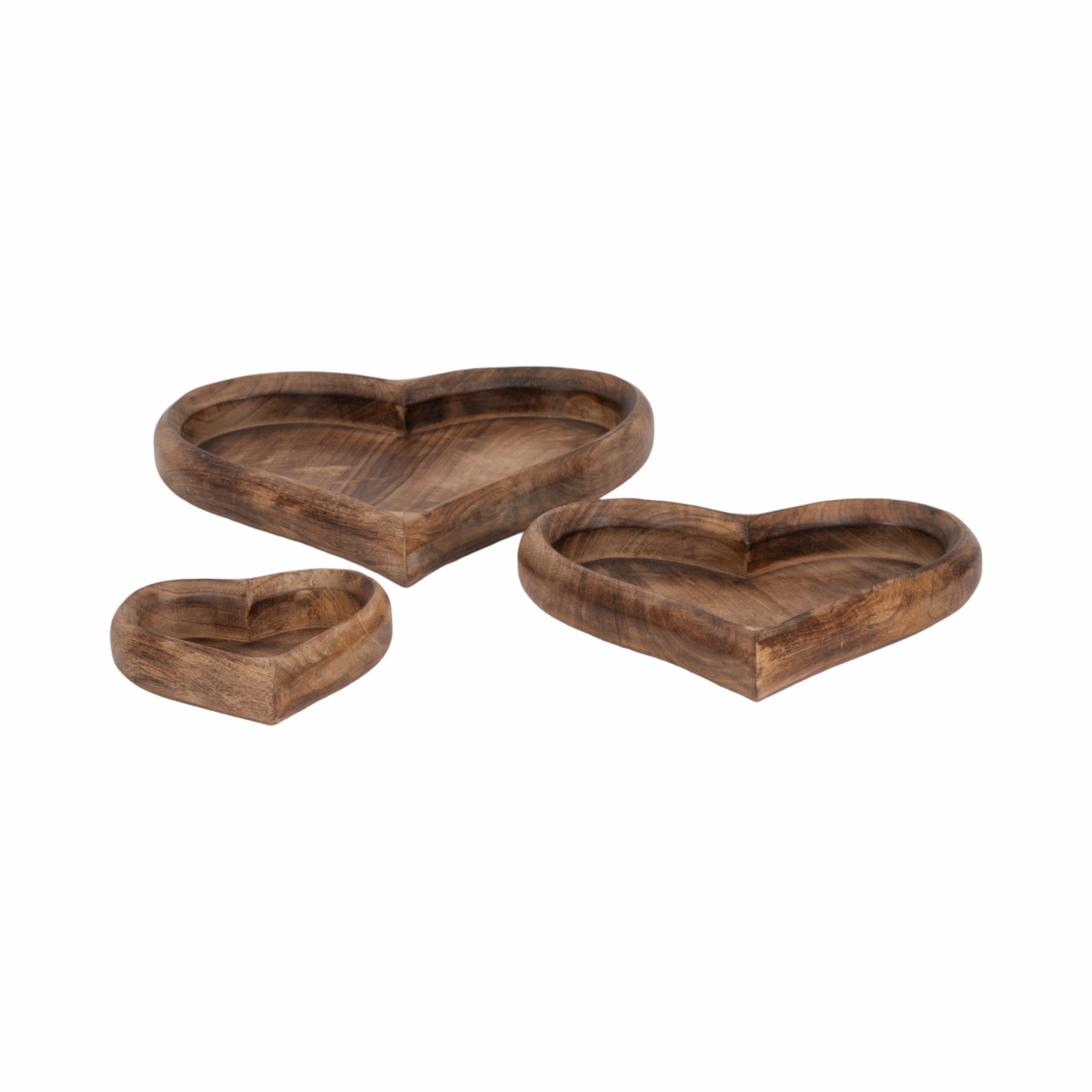 Three wooden heart-shaped trays on a white background