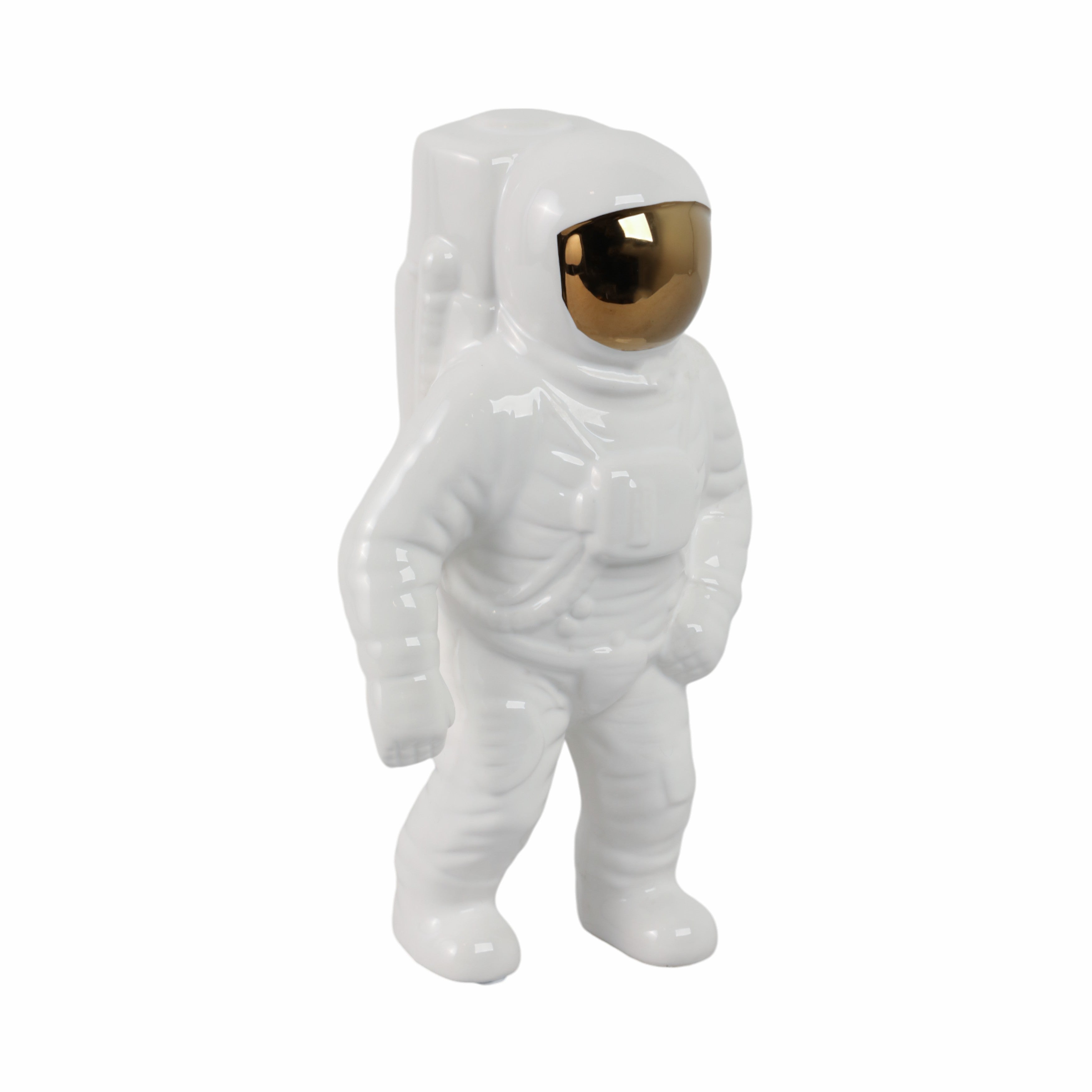 White astronaut figure with gold visor on a white background