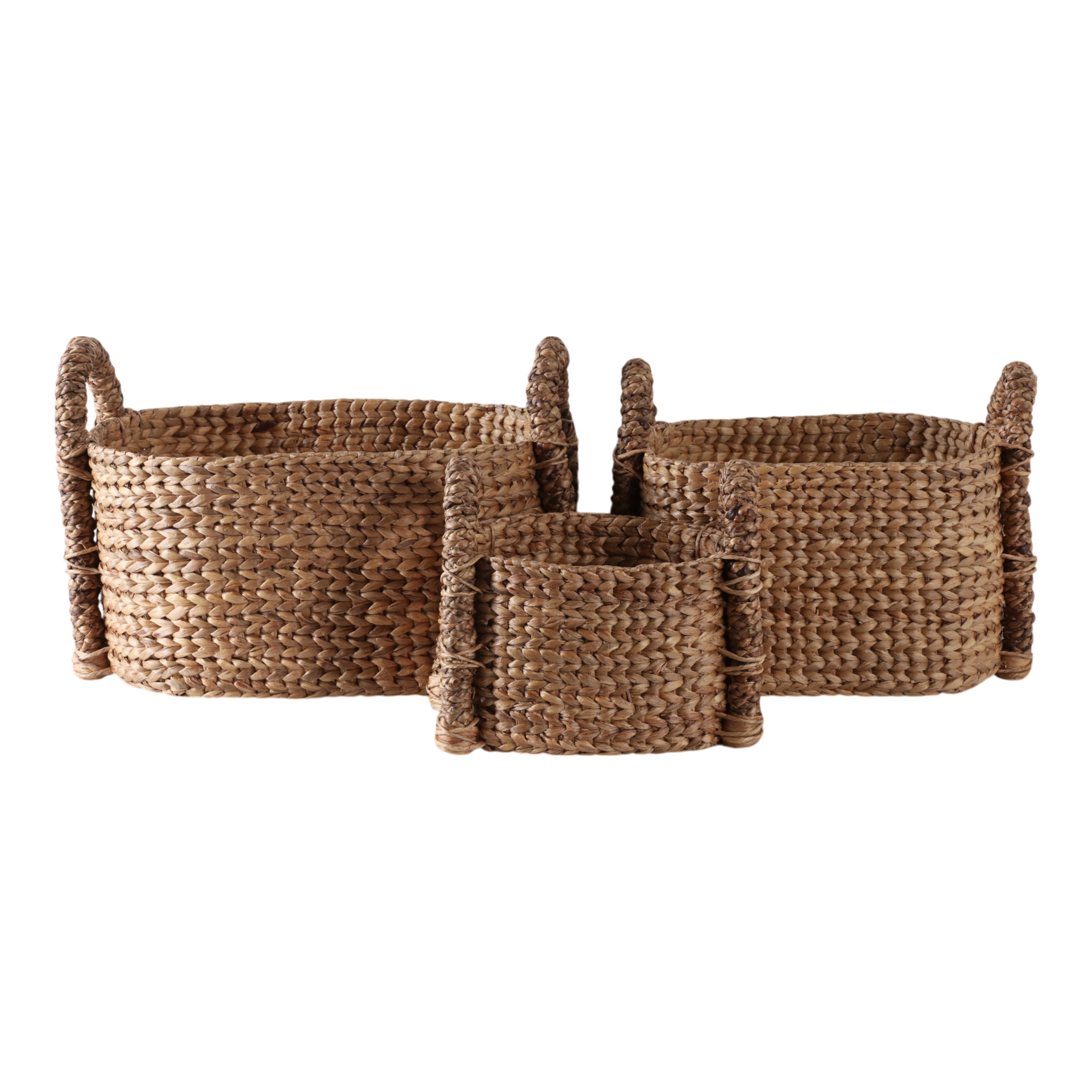 Set of three woven baskets with handles on a white background